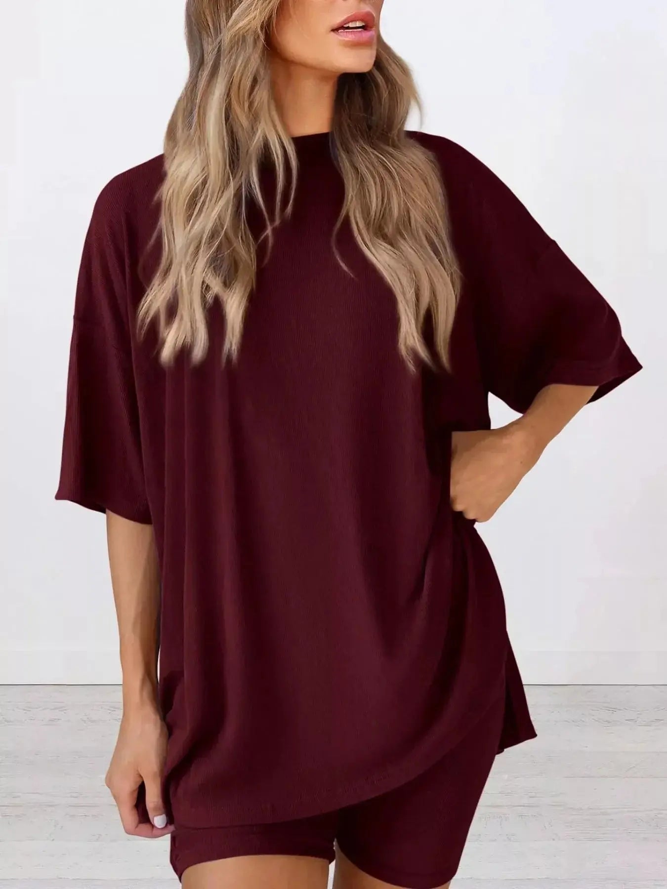 Full Size Relaxed Fit Round Neck Top and Shorts Two-Piece Set Plus Size Simply Love