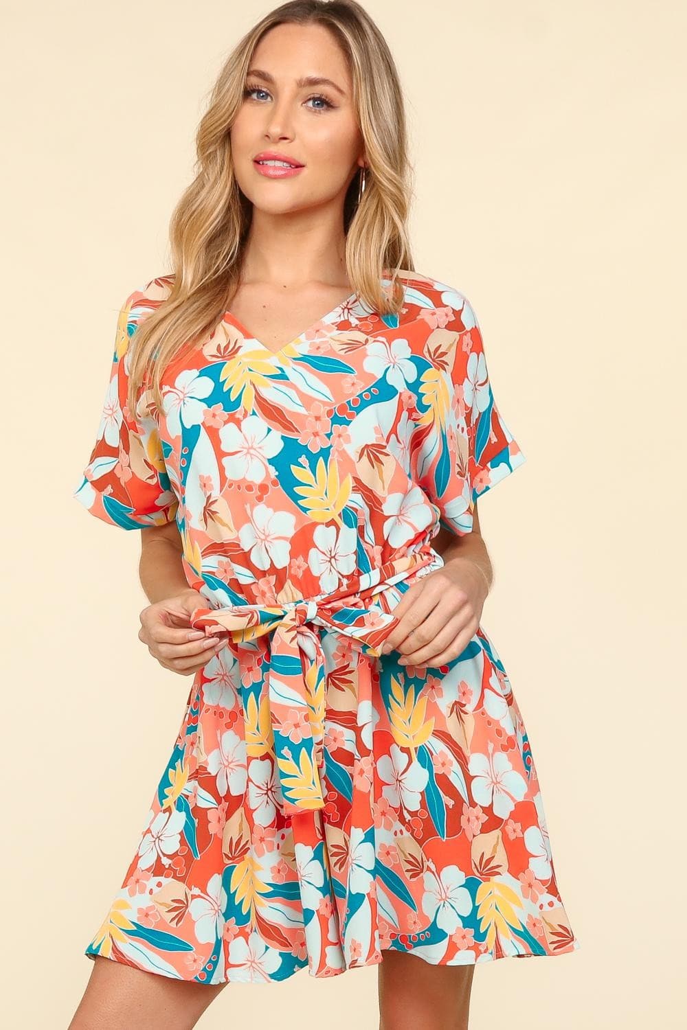 Haptics Tropical Floral Short Sleeve Tied Romper.