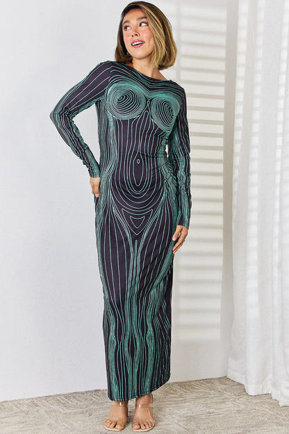 Cutout Round Neck Long Sleeve Maxi Dress.