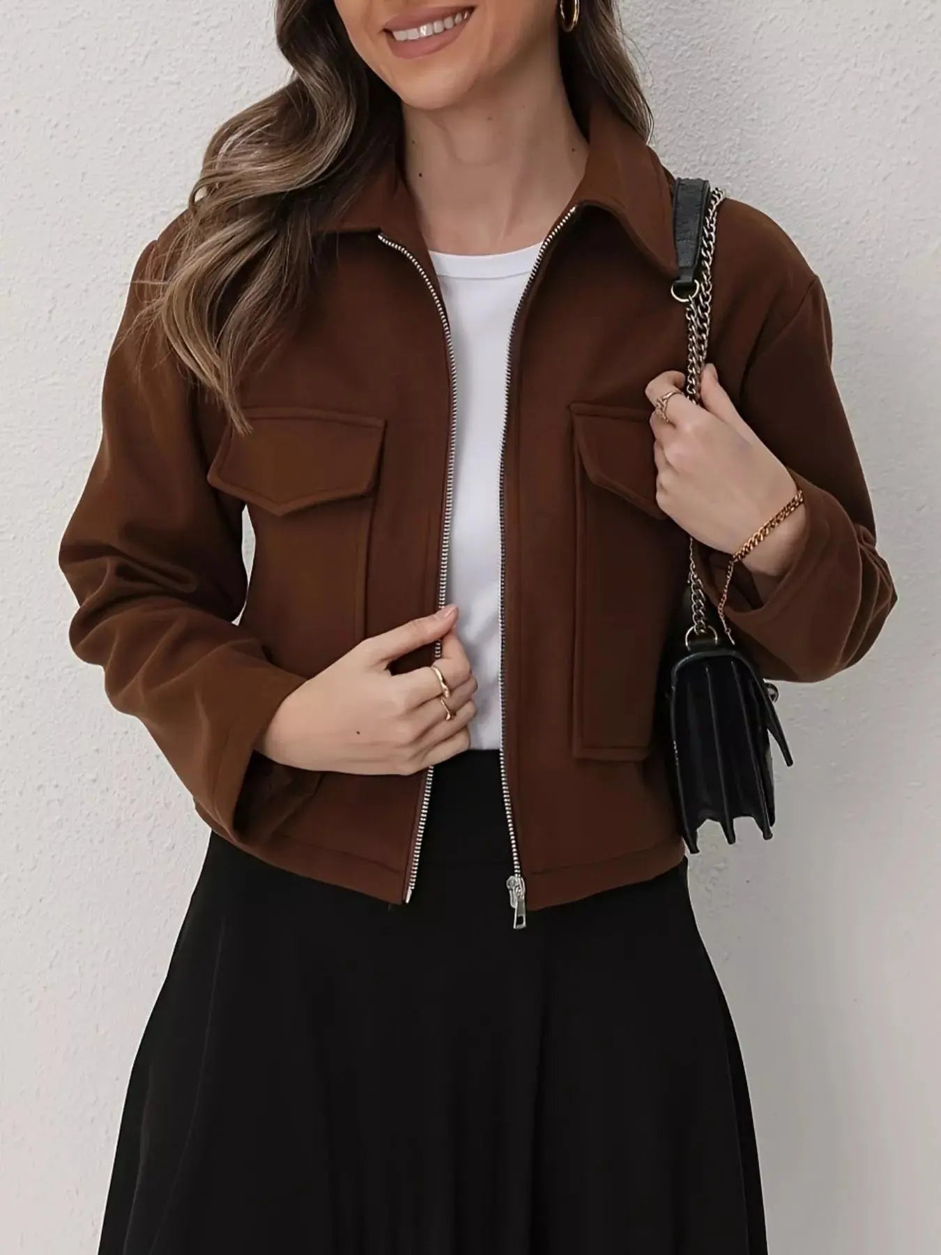 Cropped Zip-Up Pocketed Jacket Simply Love