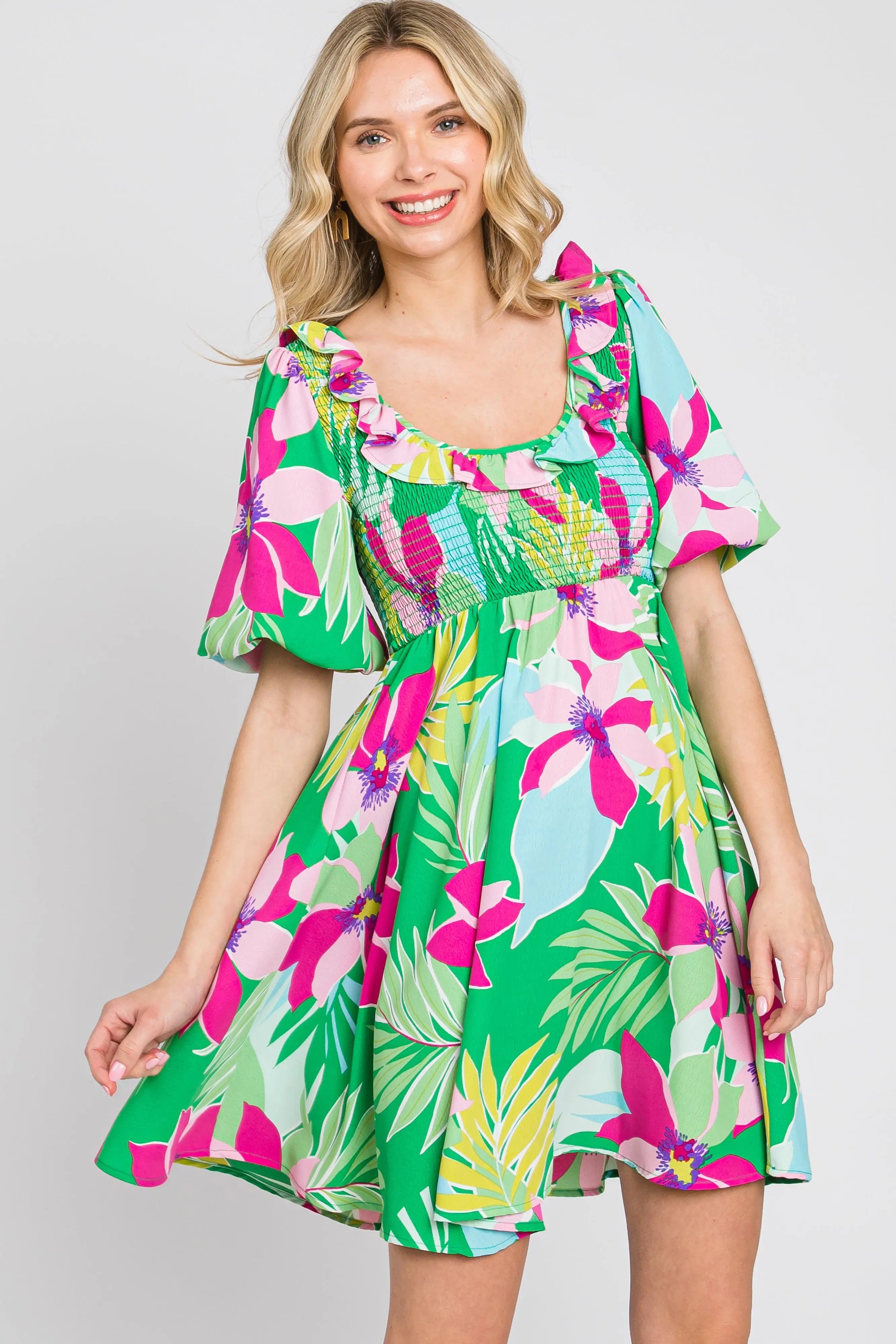 Green Floral Smocked Puff Sleeve Dress PinkBlush