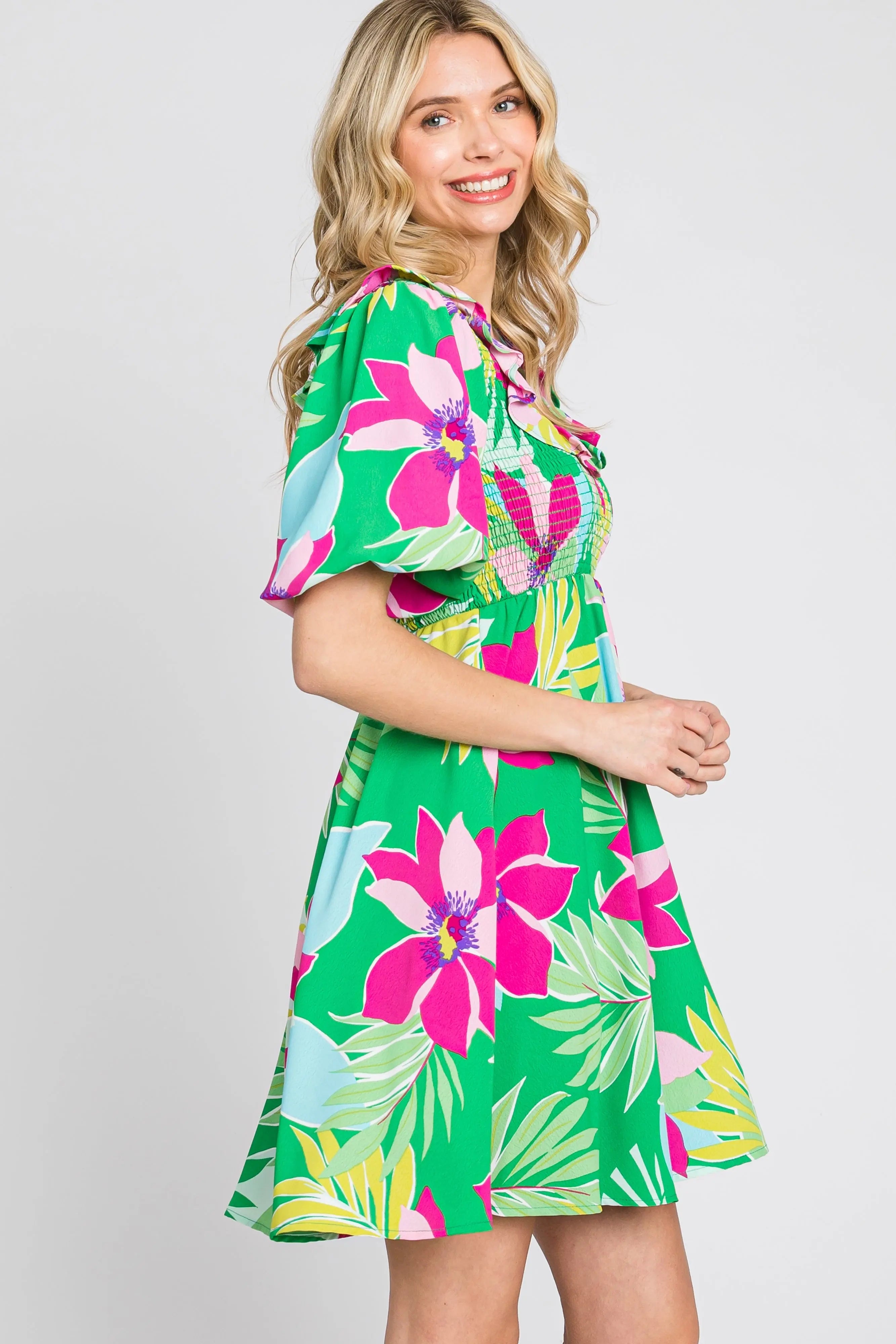 Green Floral Smocked Puff Sleeve Dress PinkBlush