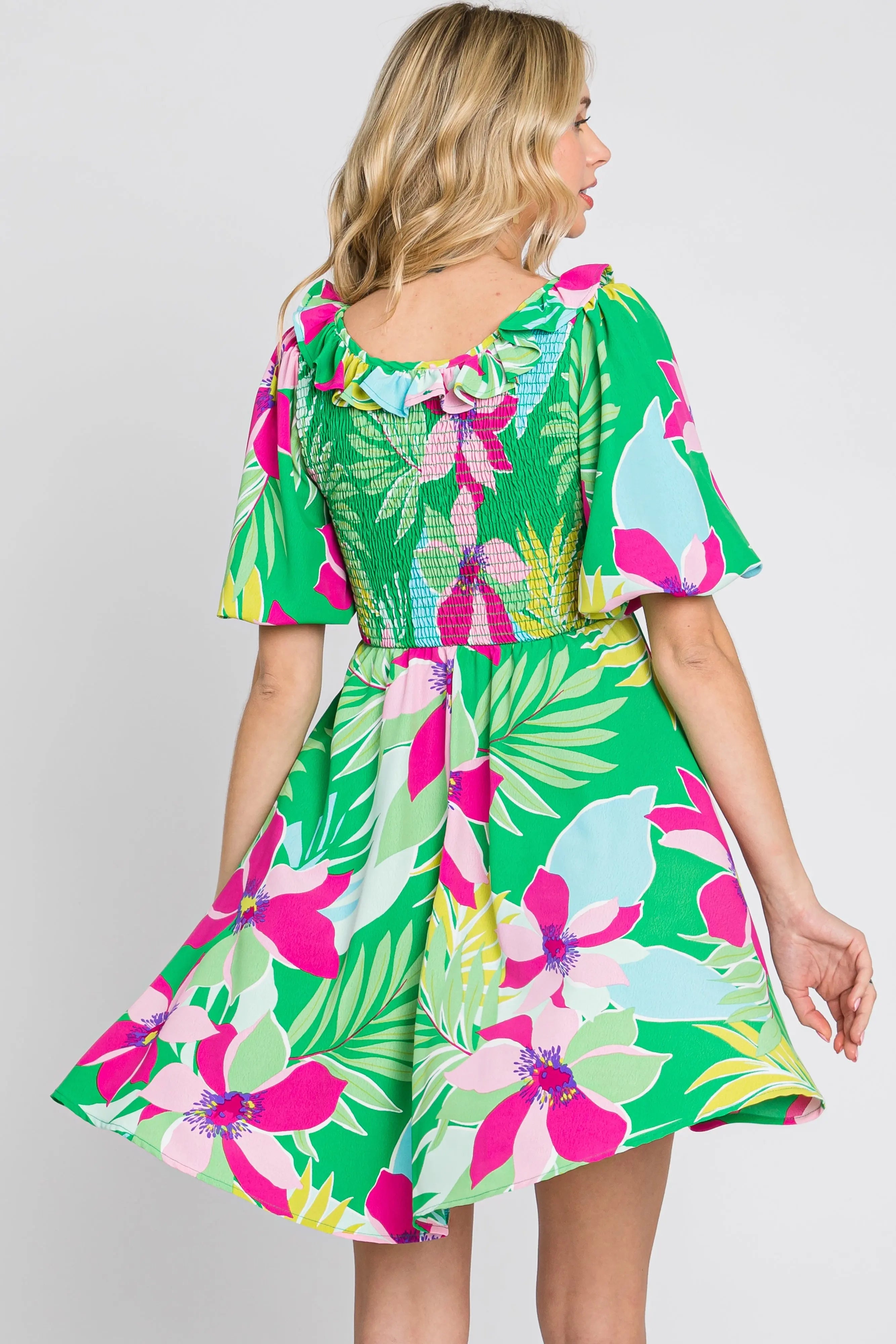 Green Floral Smocked Puff Sleeve Dress PinkBlush