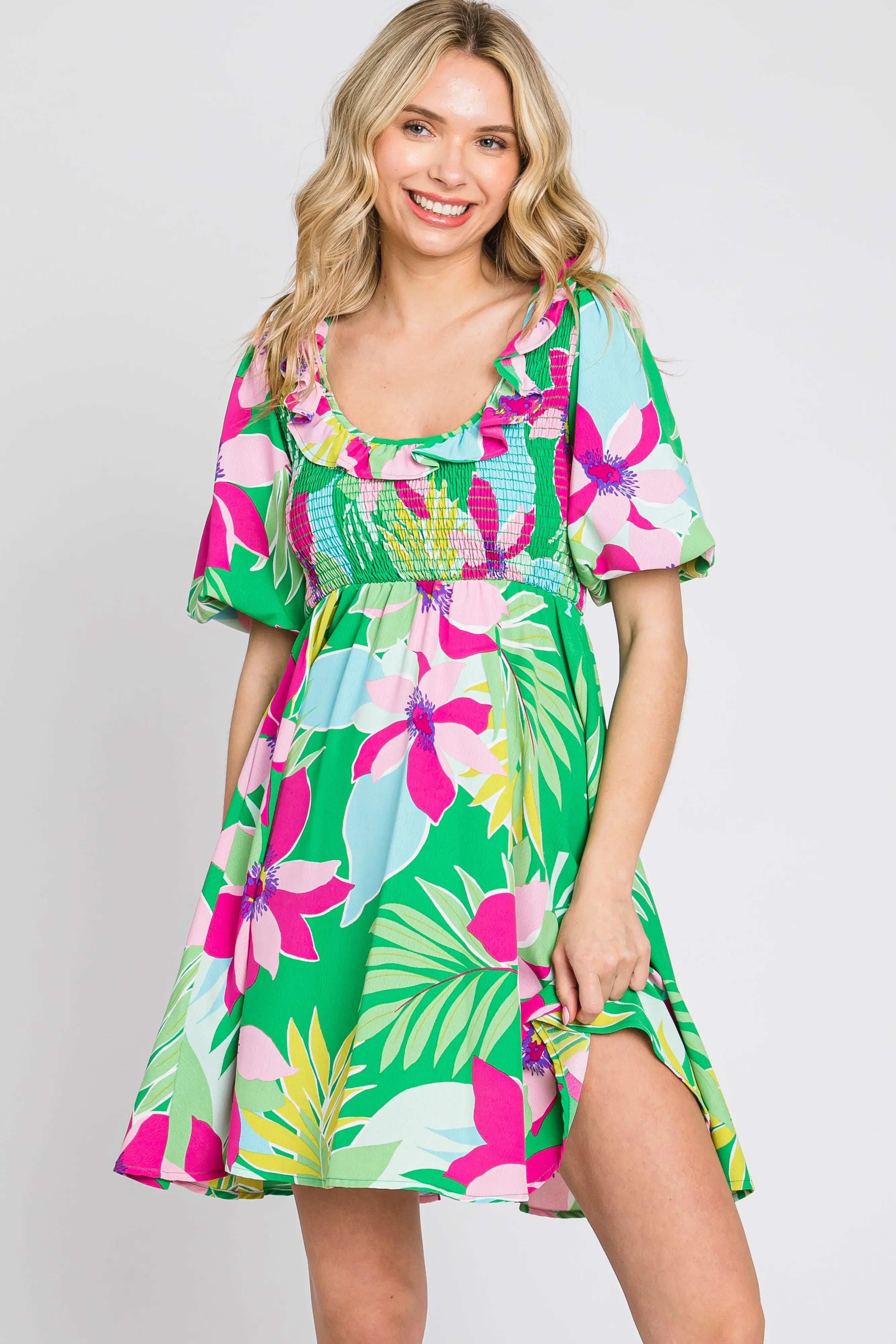 Green Floral Smocked Puff Sleeve Dress PinkBlush