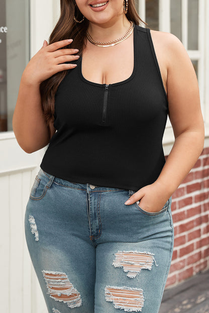 Chic black plus size ribbed tank top with zipper front detail