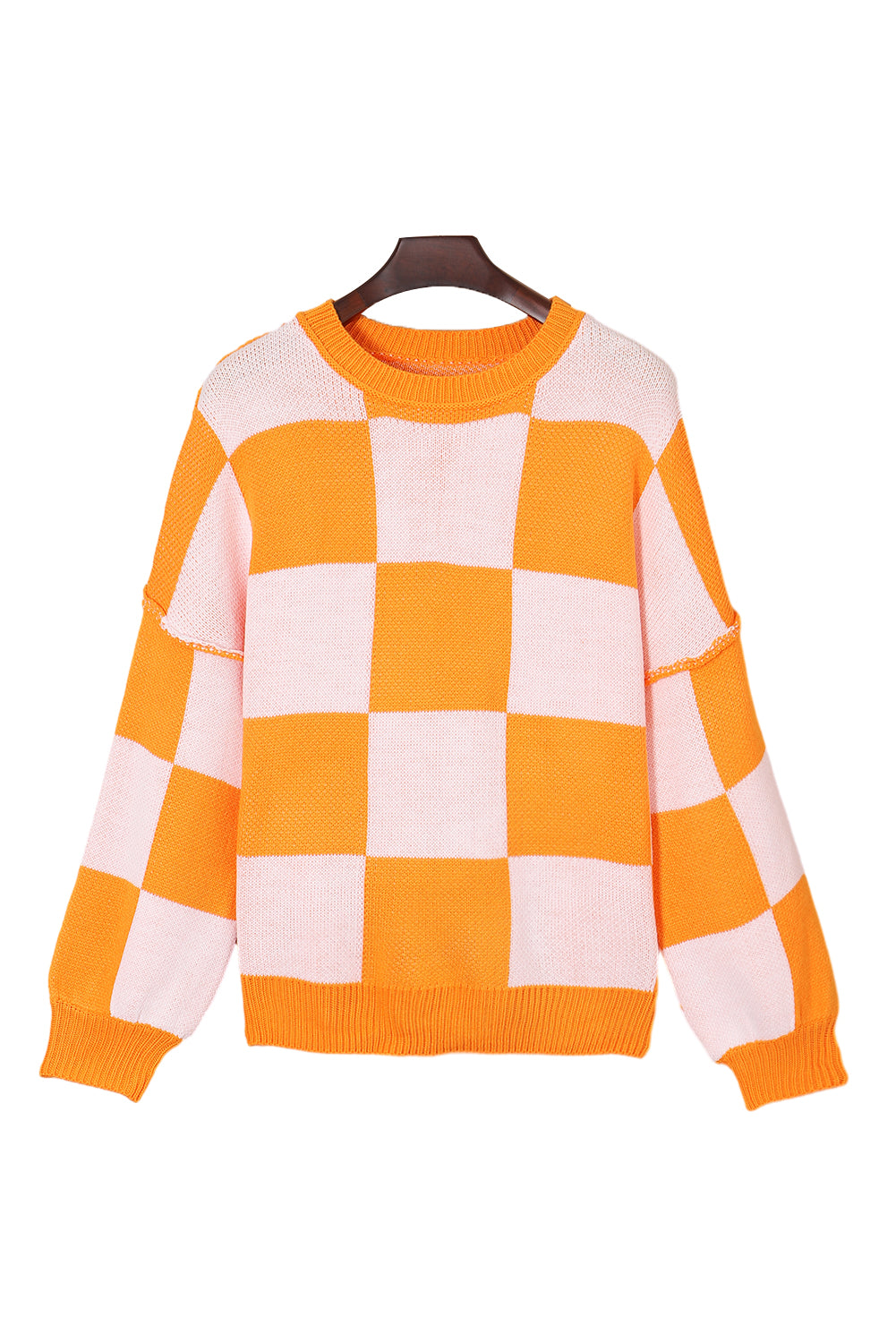 Chic orange checkered bishop sleeve knit sweater