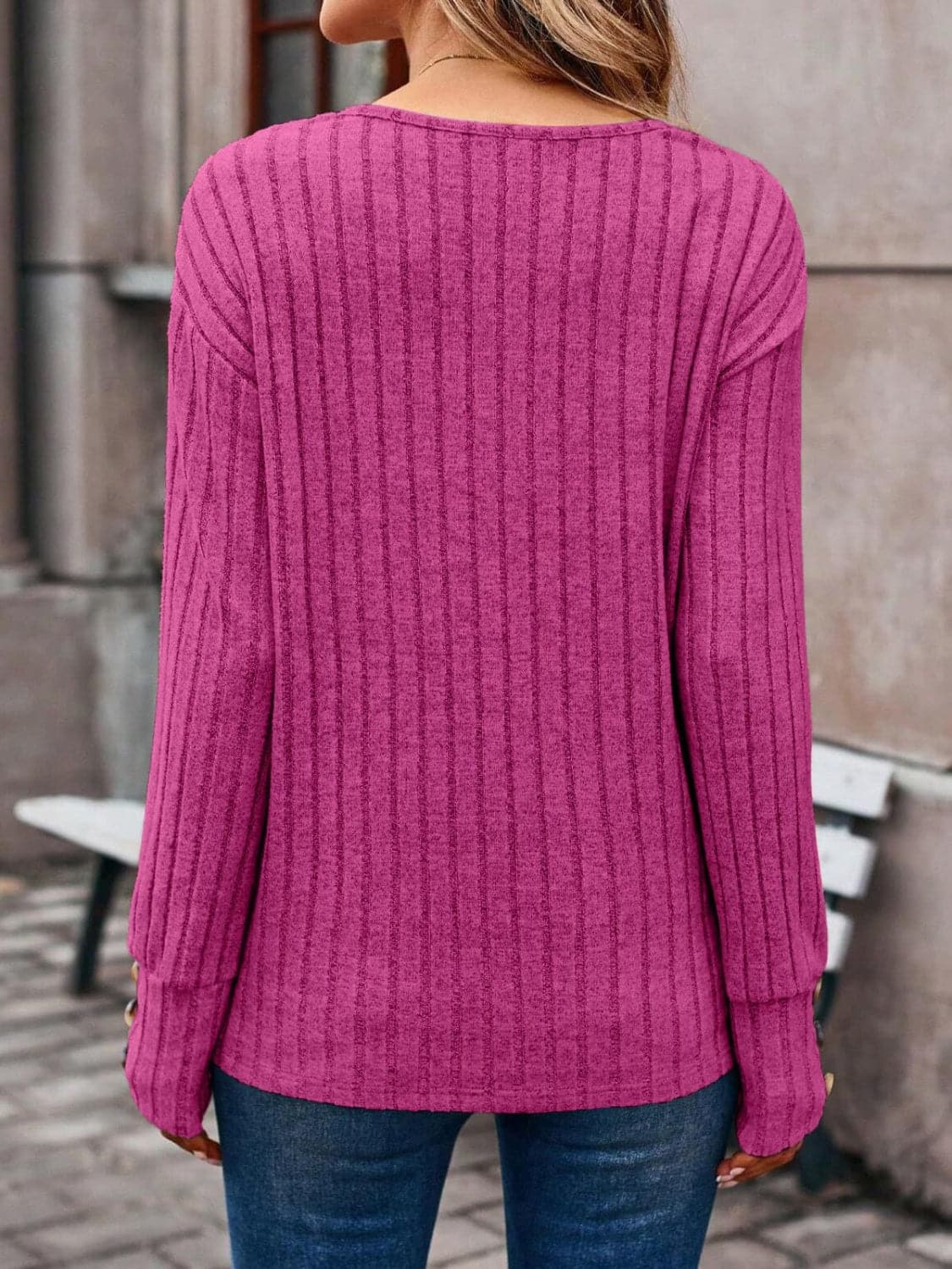 Ribbed V-Neck Long Sleeve T-Shirt.