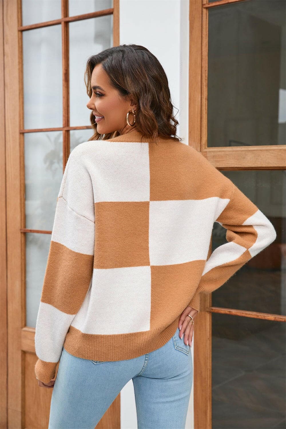 Color Block Round Neck Dropped Shoulder Sweater.