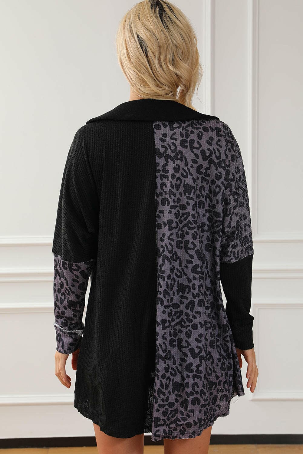 Half Button Leopard Collared Neck Blouse.