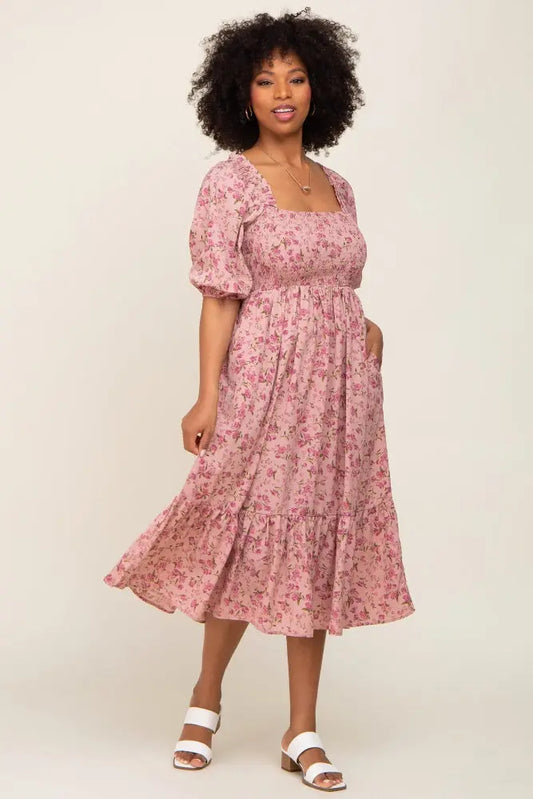 Pink Floral Smocked Midi Dress PinkBlush