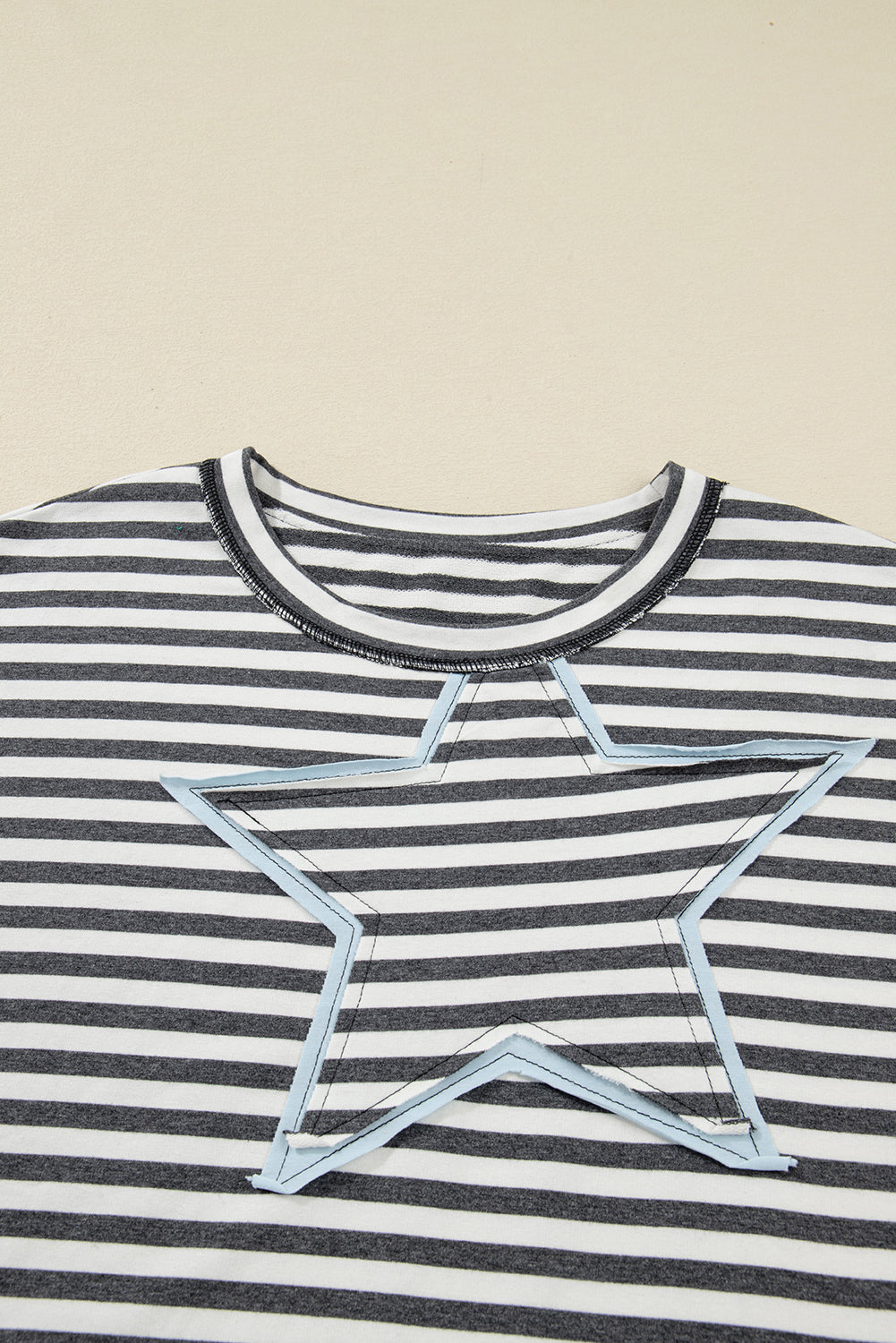 Gray Stripe Star Contrast Stitched Plus Size Long Sleeve Top