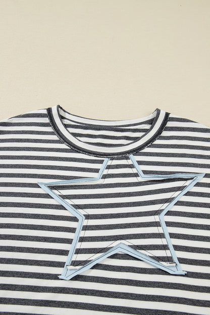 Gray Stripe Star Contrast Stitched Plus Size Long Sleeve Top