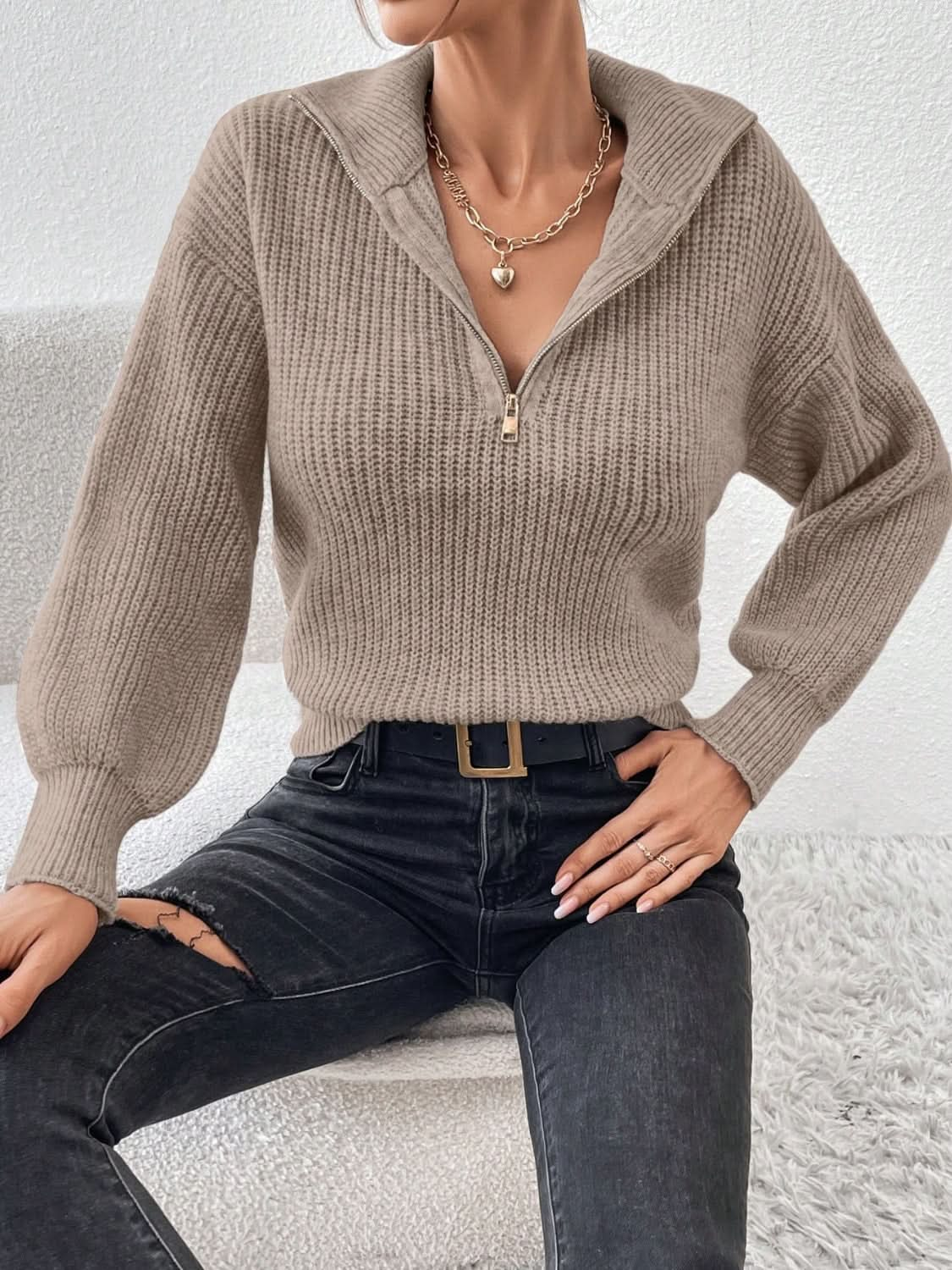 Cozy Honey Acrylic Half Zip Sweater with Dropped Shoulders