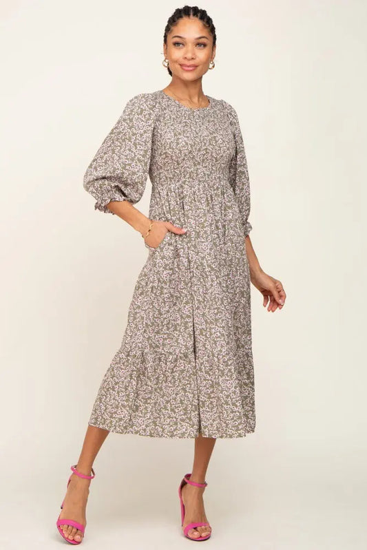 Olive Floral Smocked 3/4 Sleeve Midi Dress PinkBlush