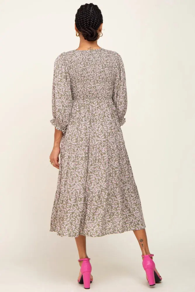 Olive Floral Smocked 3/4 Sleeve Midi Dress PinkBlush