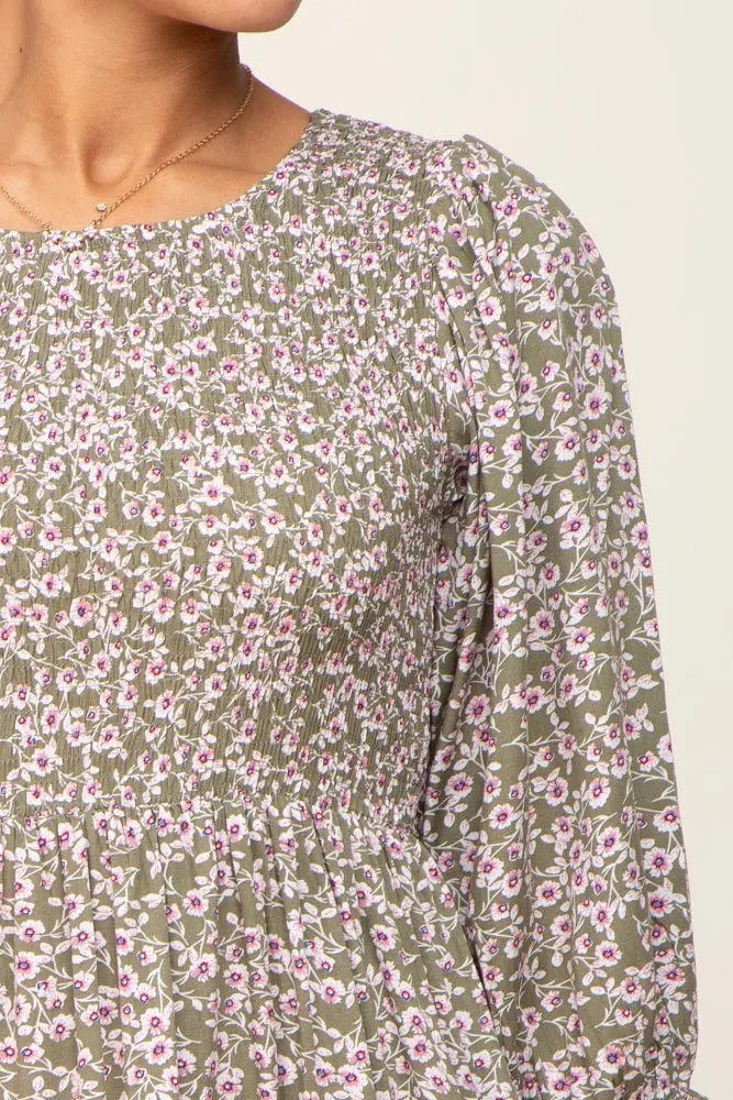 Olive Floral Smocked 3/4 Sleeve Midi Dress PinkBlush