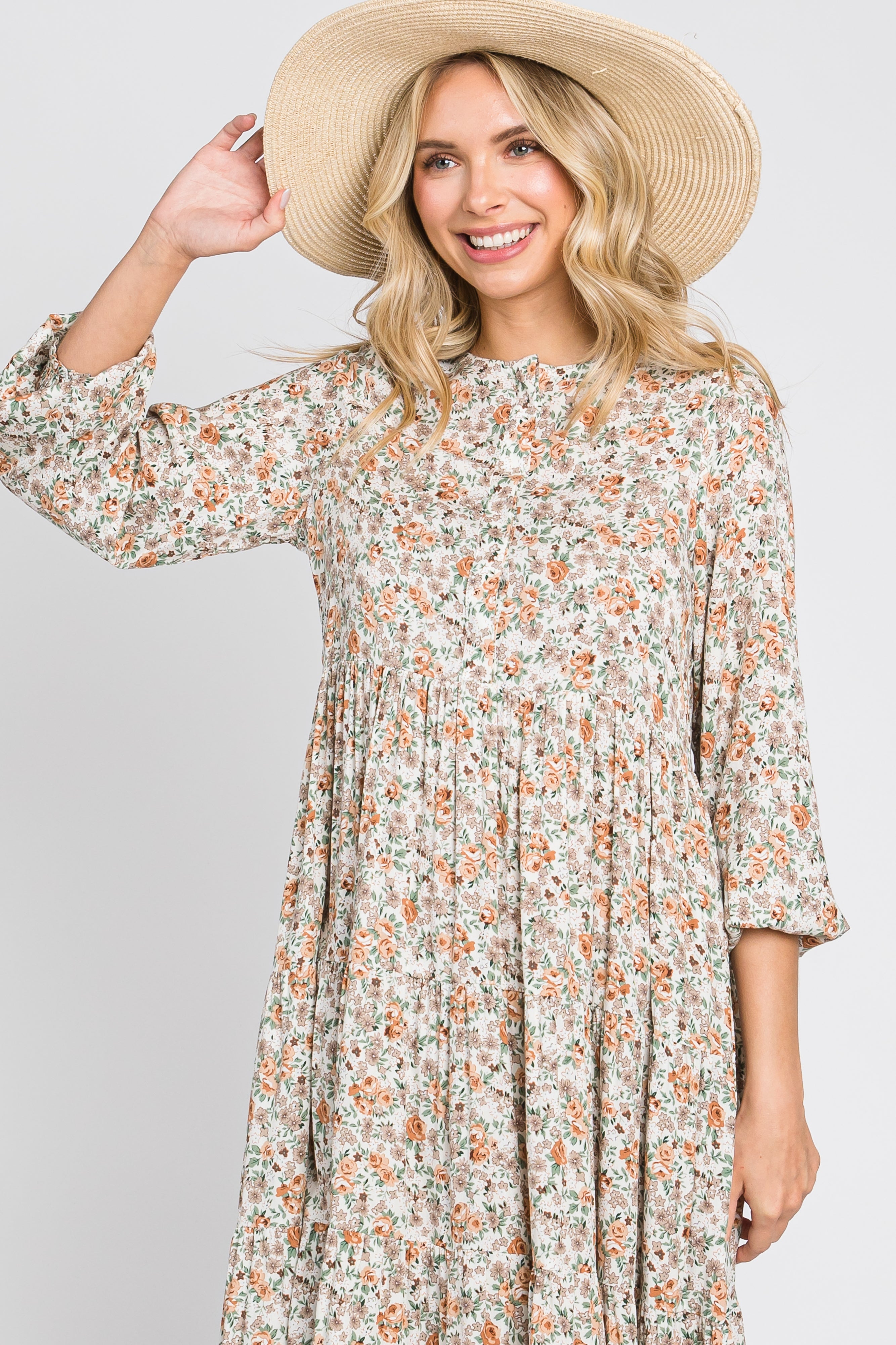 Beige Floral Button Front Long Sleeve Tiered Midi Dress PinkBlush