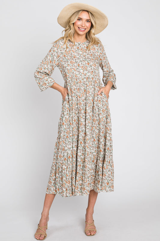 Beige Floral Button Front Long Sleeve Tiered Midi Dress PinkBlush