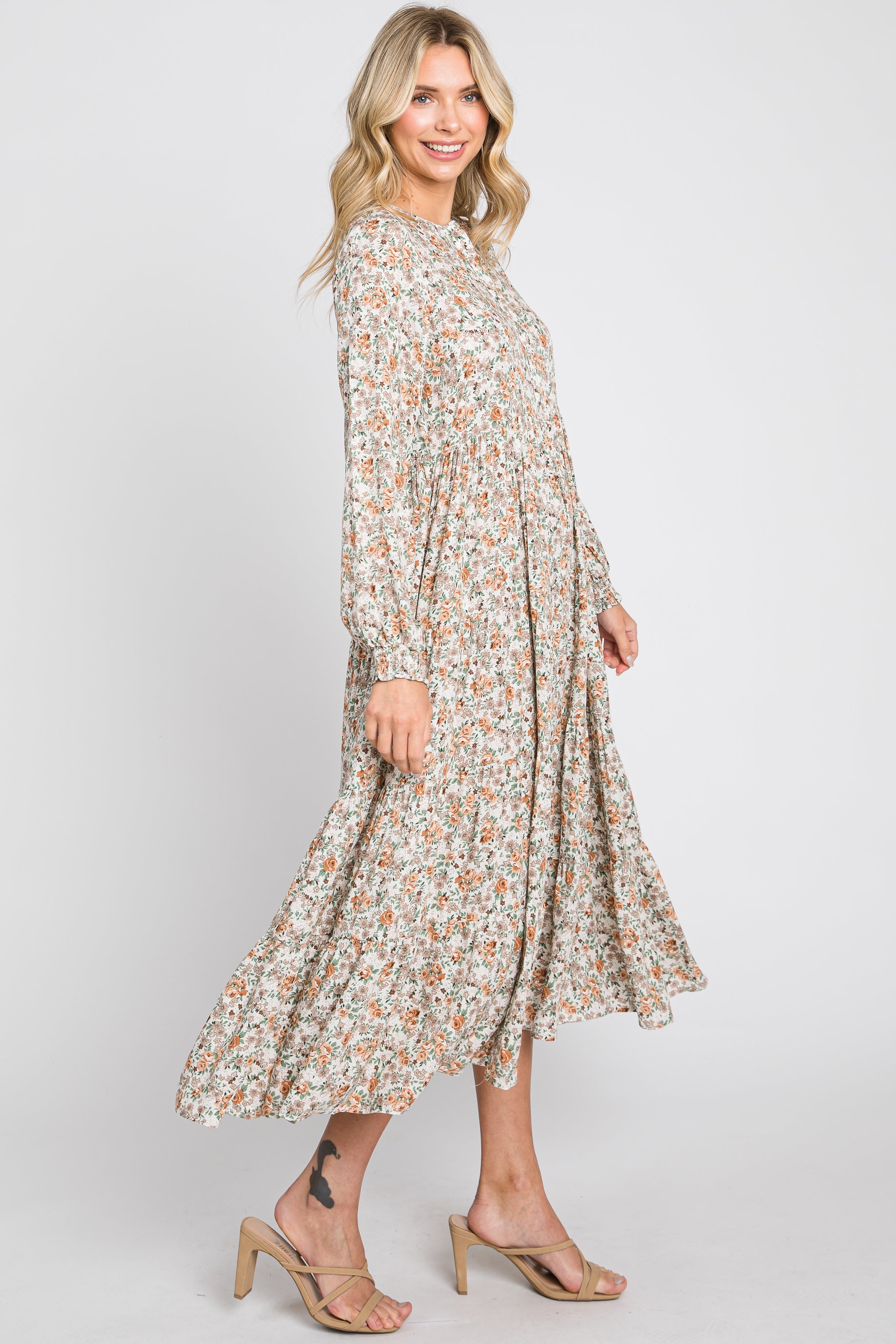 Beige Floral Button Front Long Sleeve Tiered Midi Dress PinkBlush