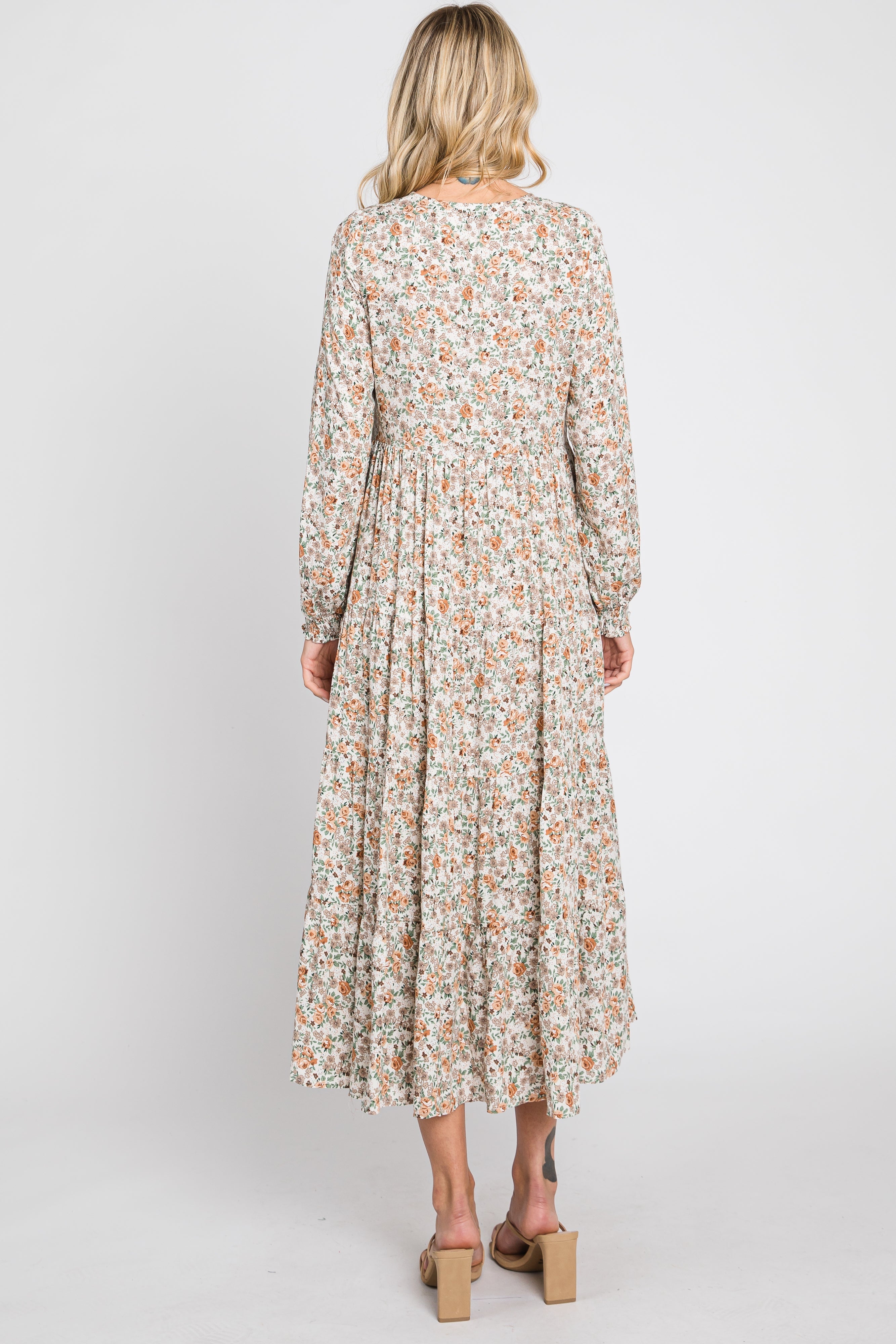 Beige Floral Button Front Long Sleeve Tiered Midi Dress PinkBlush