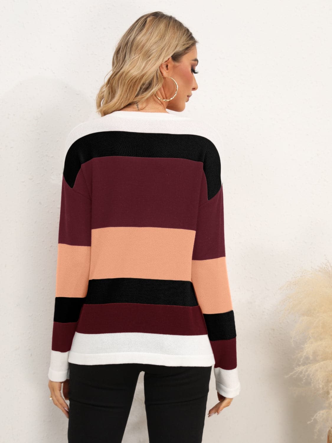 Striped Round Neck Dropped Shoulder Sweater.