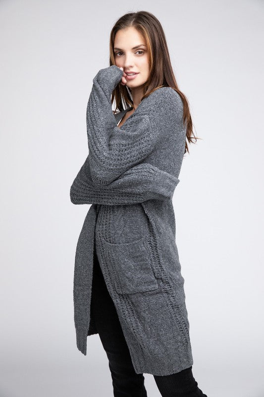 Twisted texture open front cardigan with pockets