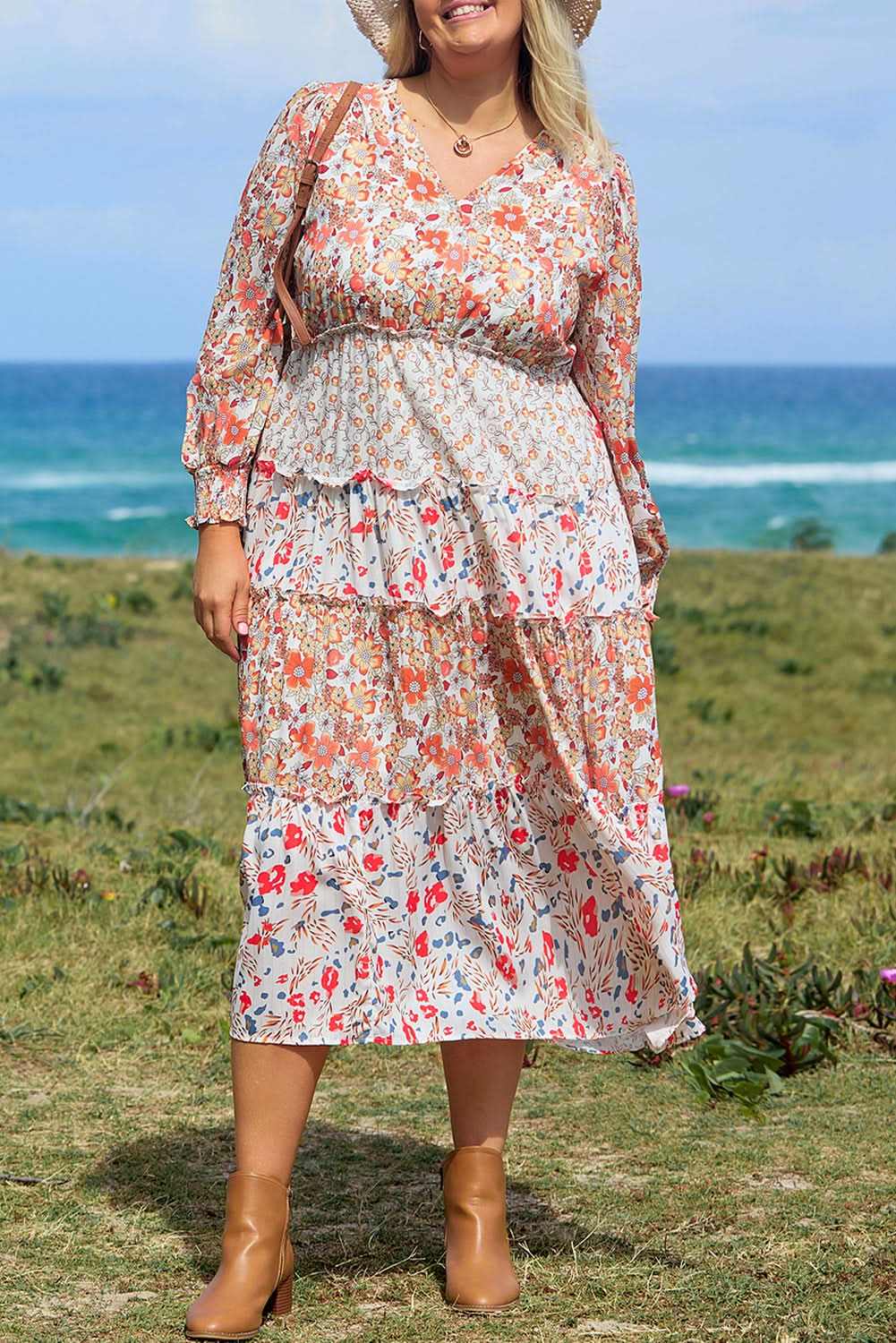 Khaki floral plus size maxi dress - Love Salve 