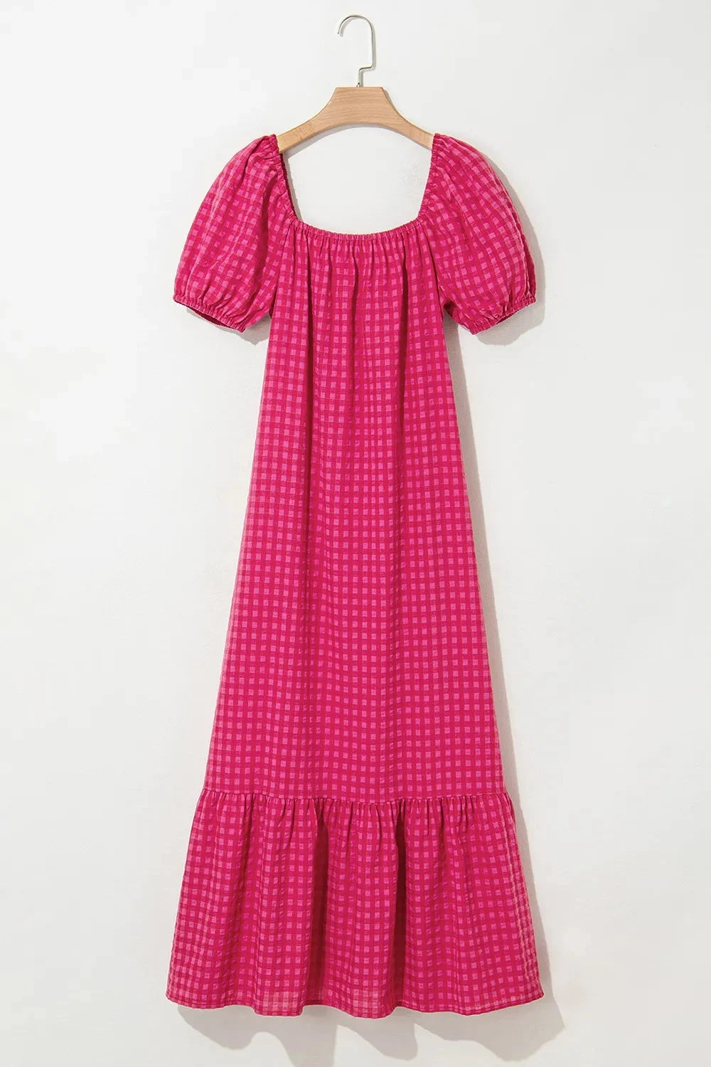 SYNZ Gingham Check Bubble Sleeve Ruffled Maxi Dress Simply Love