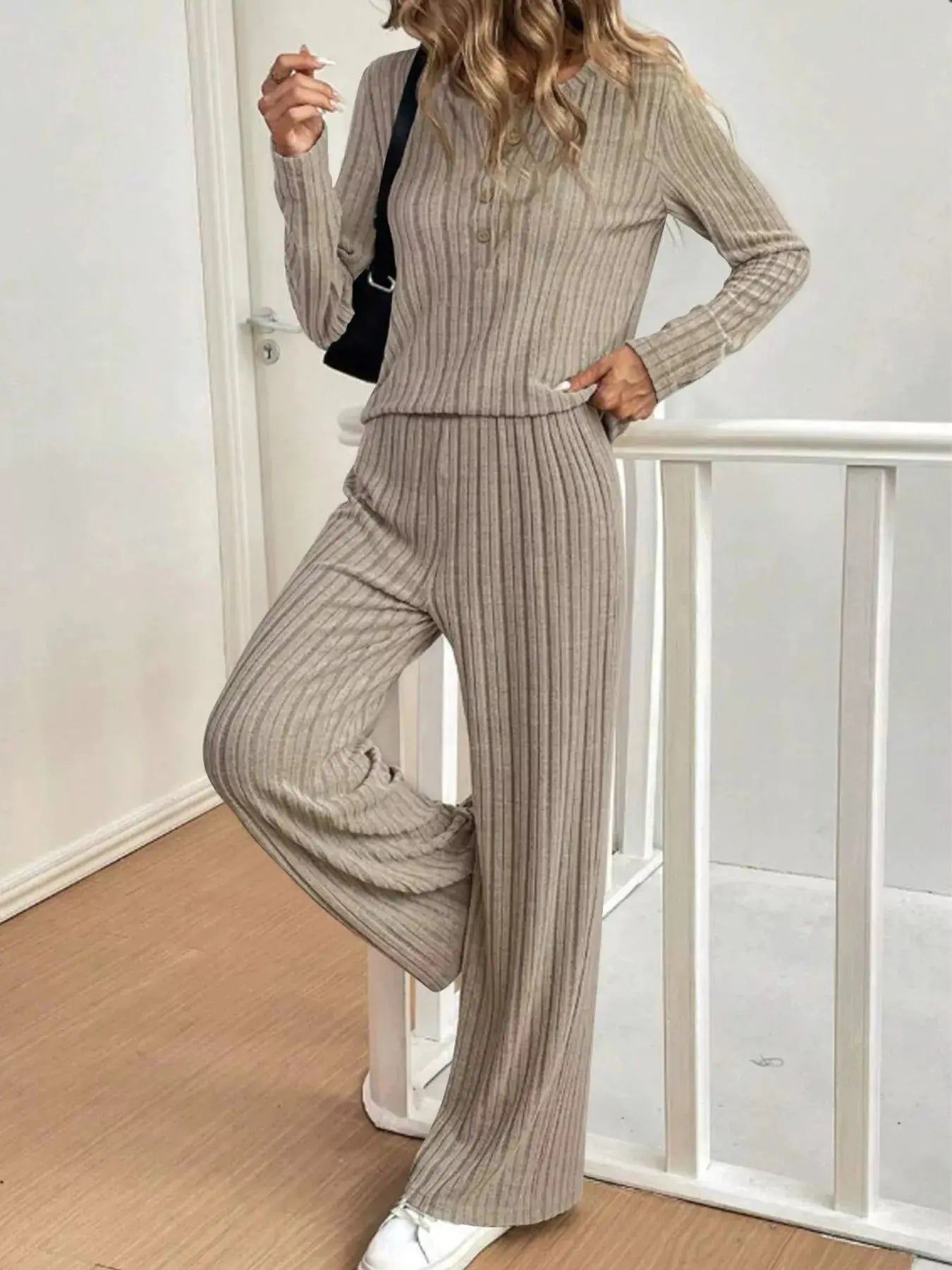 Plus Size Ribbed Knit Button-Front Top and Pants Set Simply Love