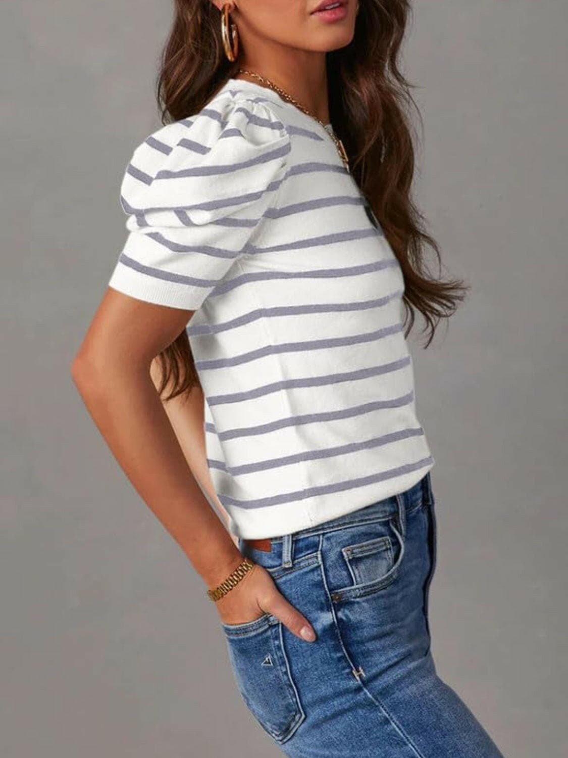 Striped Round Neck Puff Sleeve Knit Top.