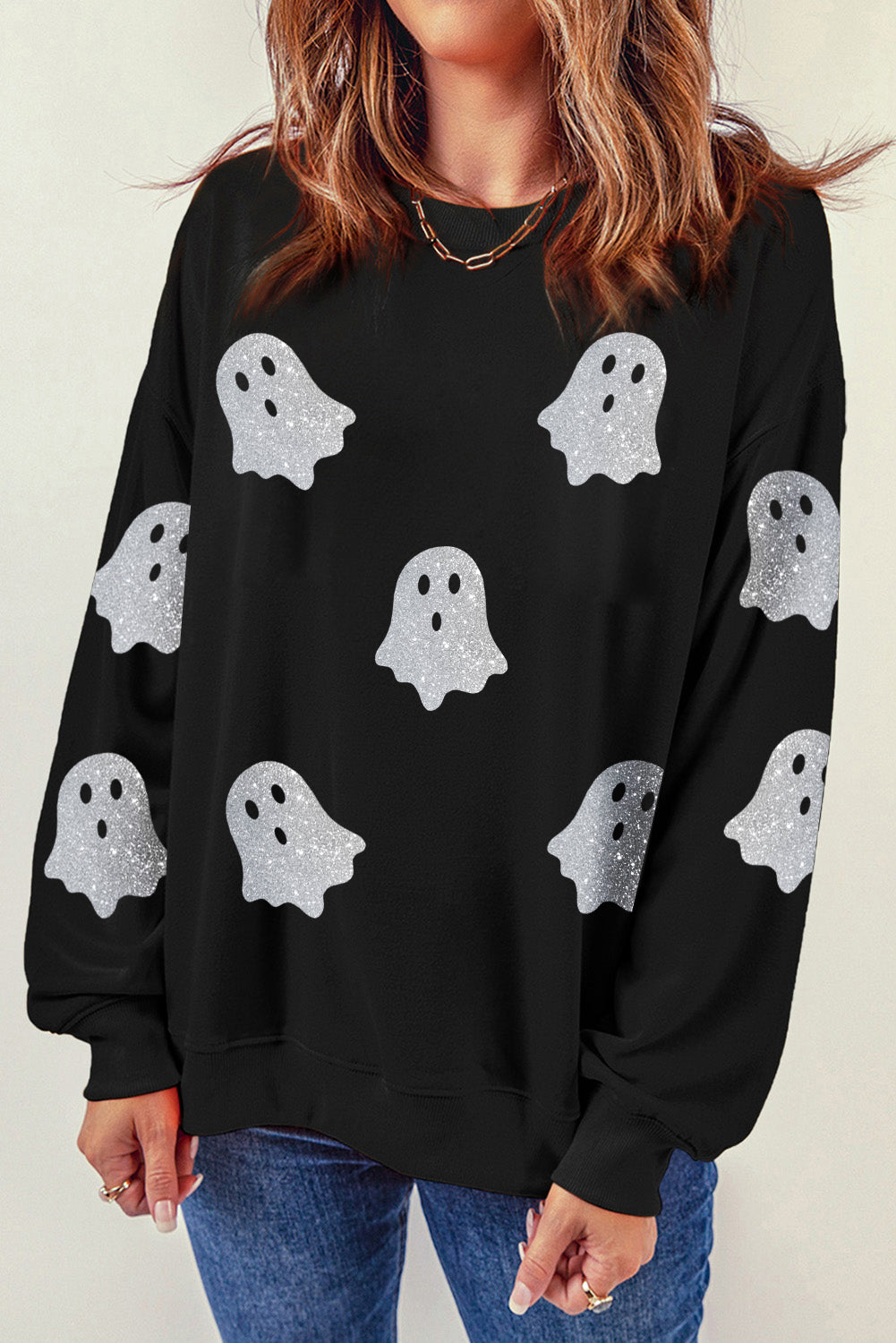 Sparkling Black Ghost Print Halloween Sweatshirt