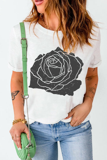 Rose Graphic Round Neck Short Sleeve T-Shirt.