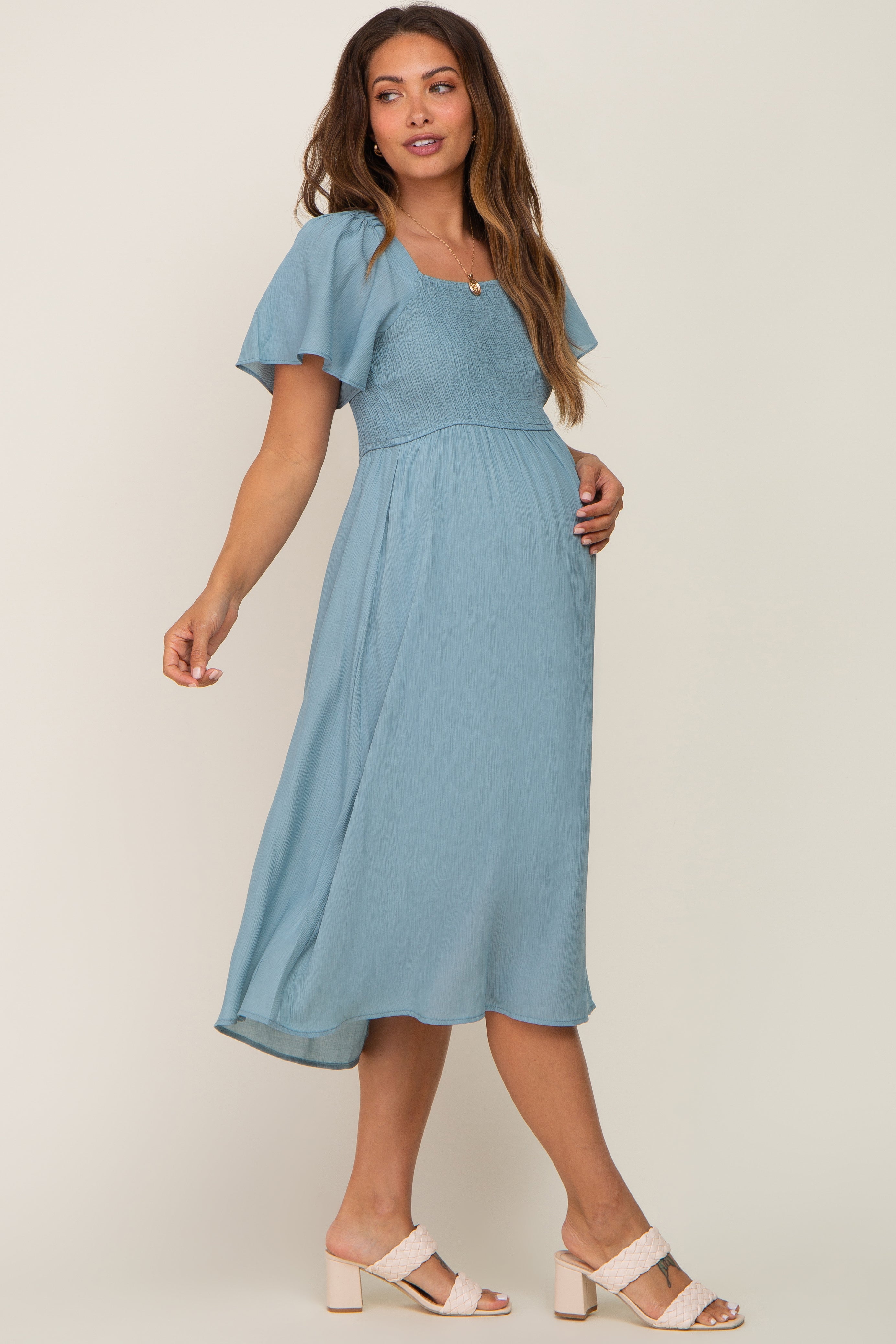 Light Blue Smocked Square Neck Flutter Short Sleeve Maternity Midi Dress PinkBlush