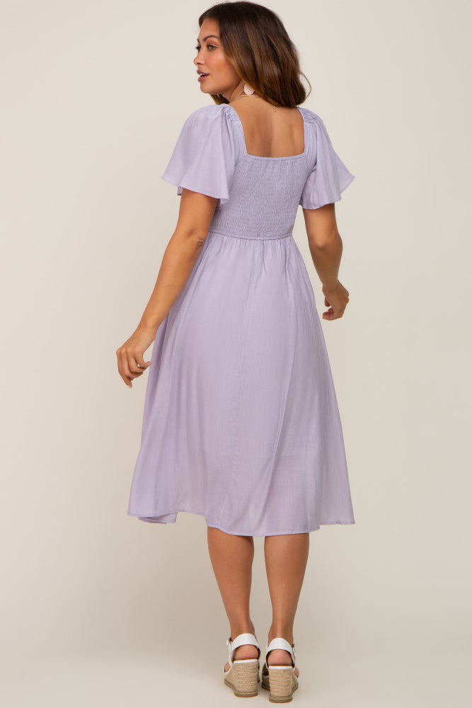 Lavender Smocked Square Neck Flutter Short Sleeve Maternity Midi Dress PinkBlush