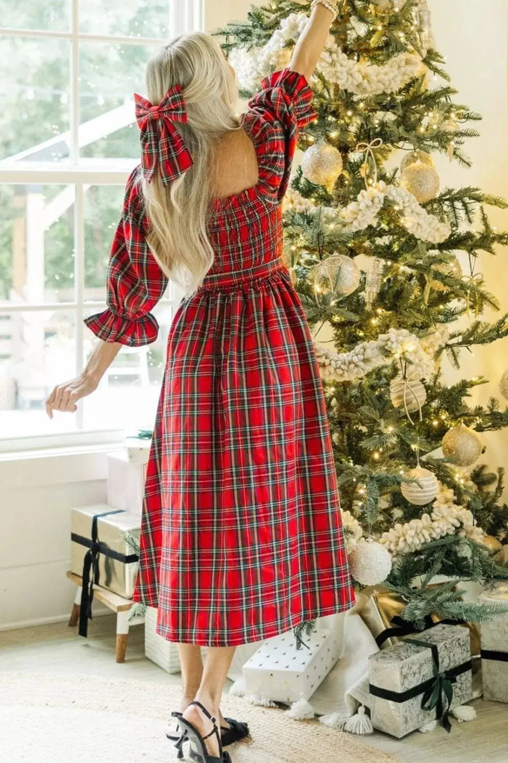 Red Plaid Smocked Midi Dress With Belted Waist And Ruffled Flounce Sleeves Simply Love