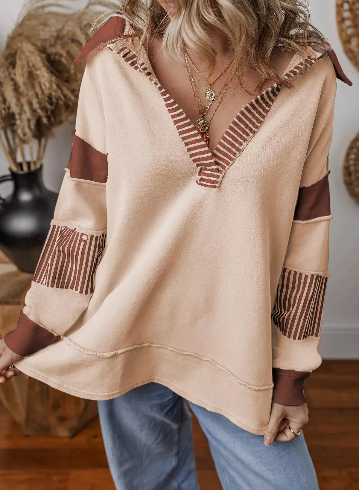 Color Block Striped Johnny Collar Sweatshirt Simply Love