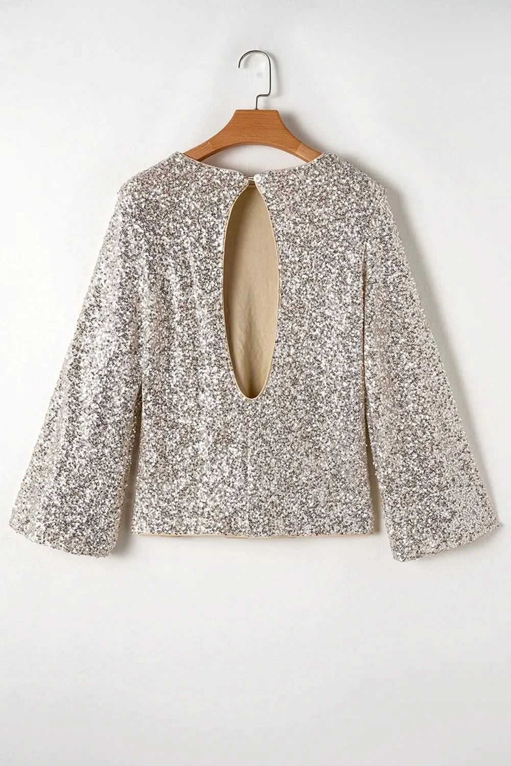 Glam Cutout Sequin Long Sleeve Blouse with Round Neck