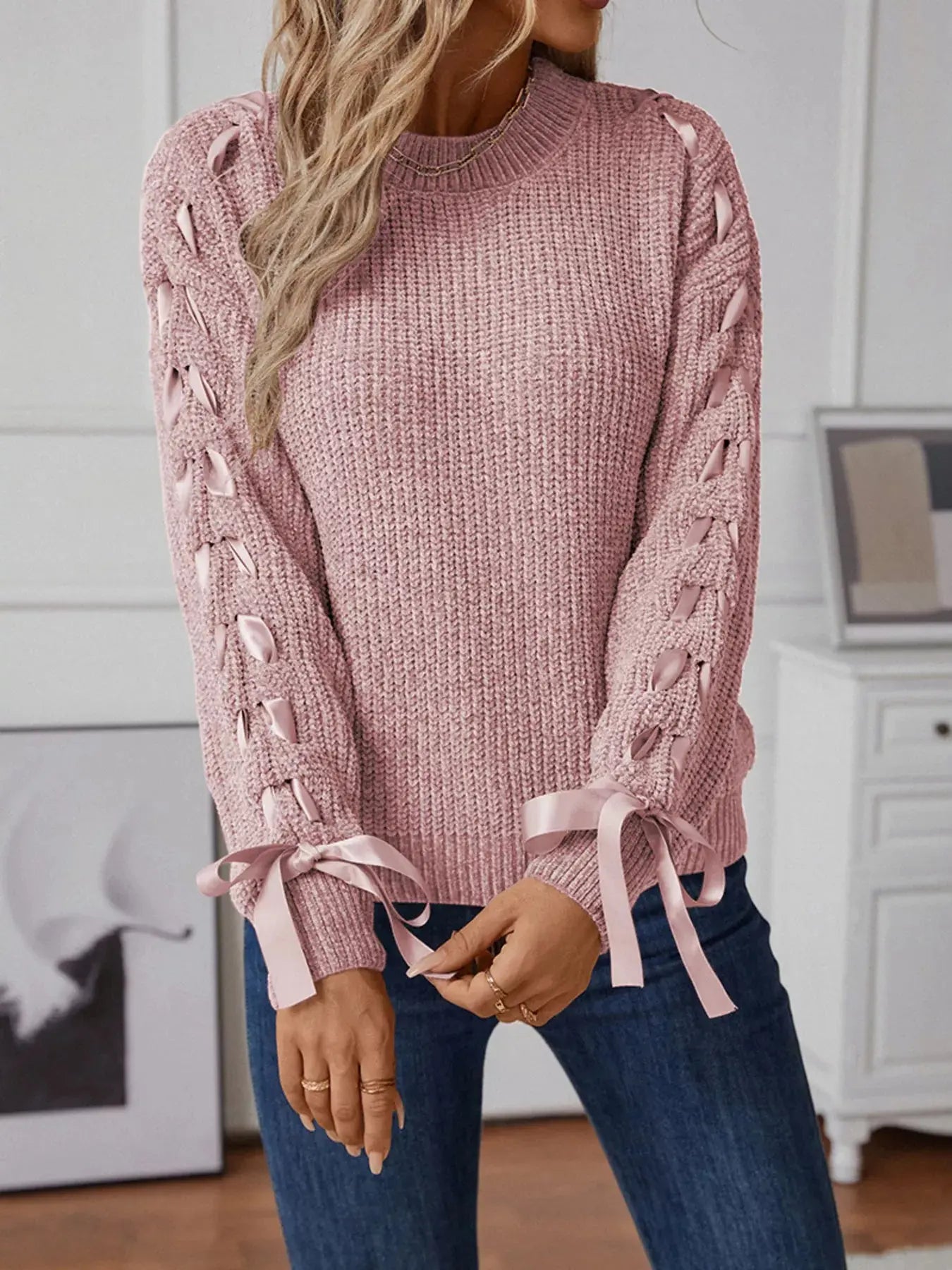 Ribbon-Tie Sleeve Round Neck Sweater Simply Love