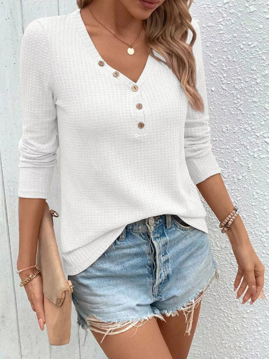 Waffle Knit Button-Detail V-Neck T-Shirt Simply Love