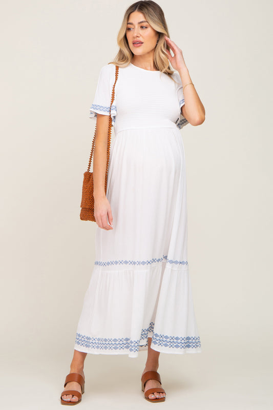 White Embroidered Accent Maternity Maxi Dress PinkBlush