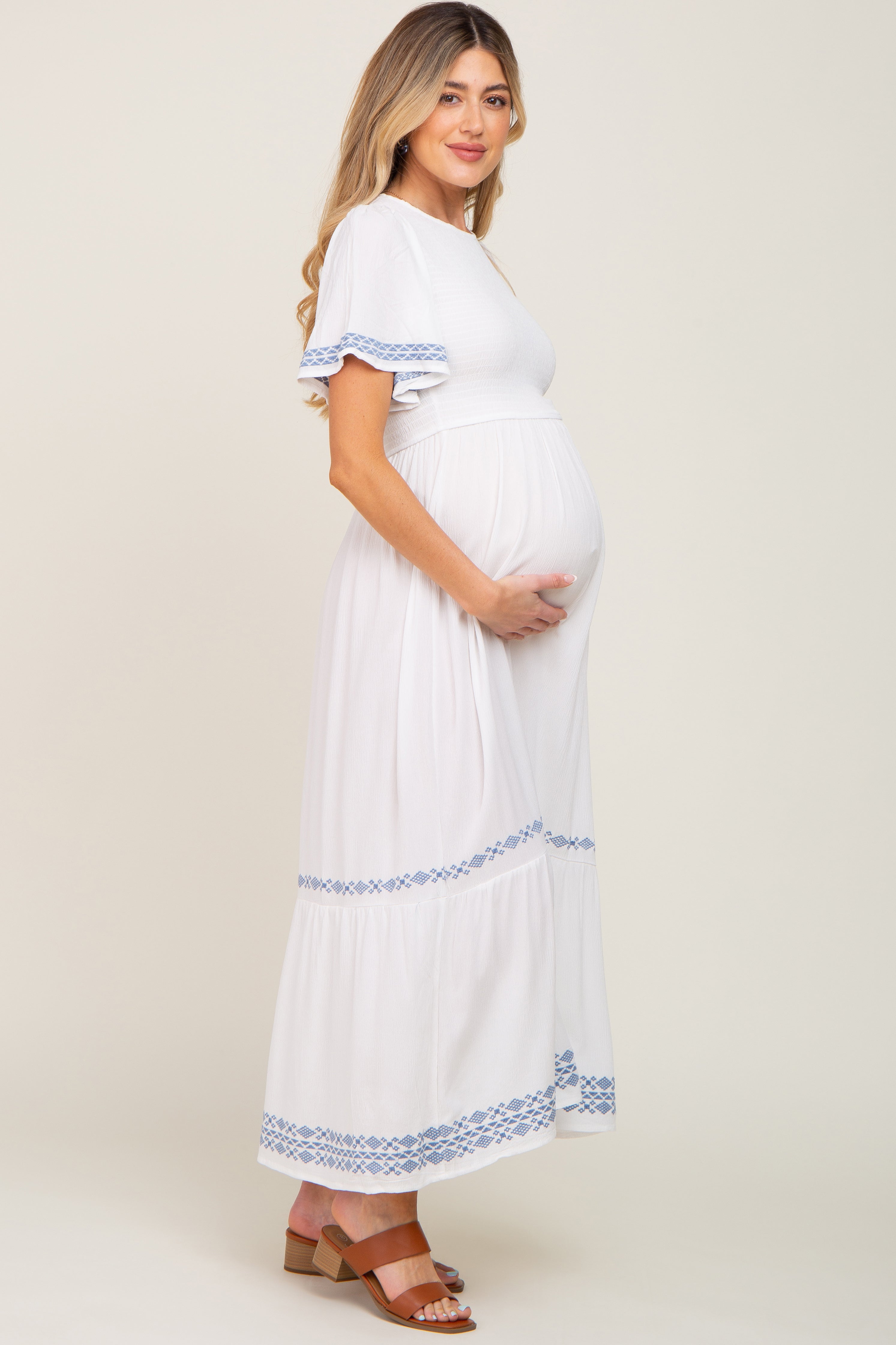 White Embroidered Accent Maternity Maxi Dress PinkBlush