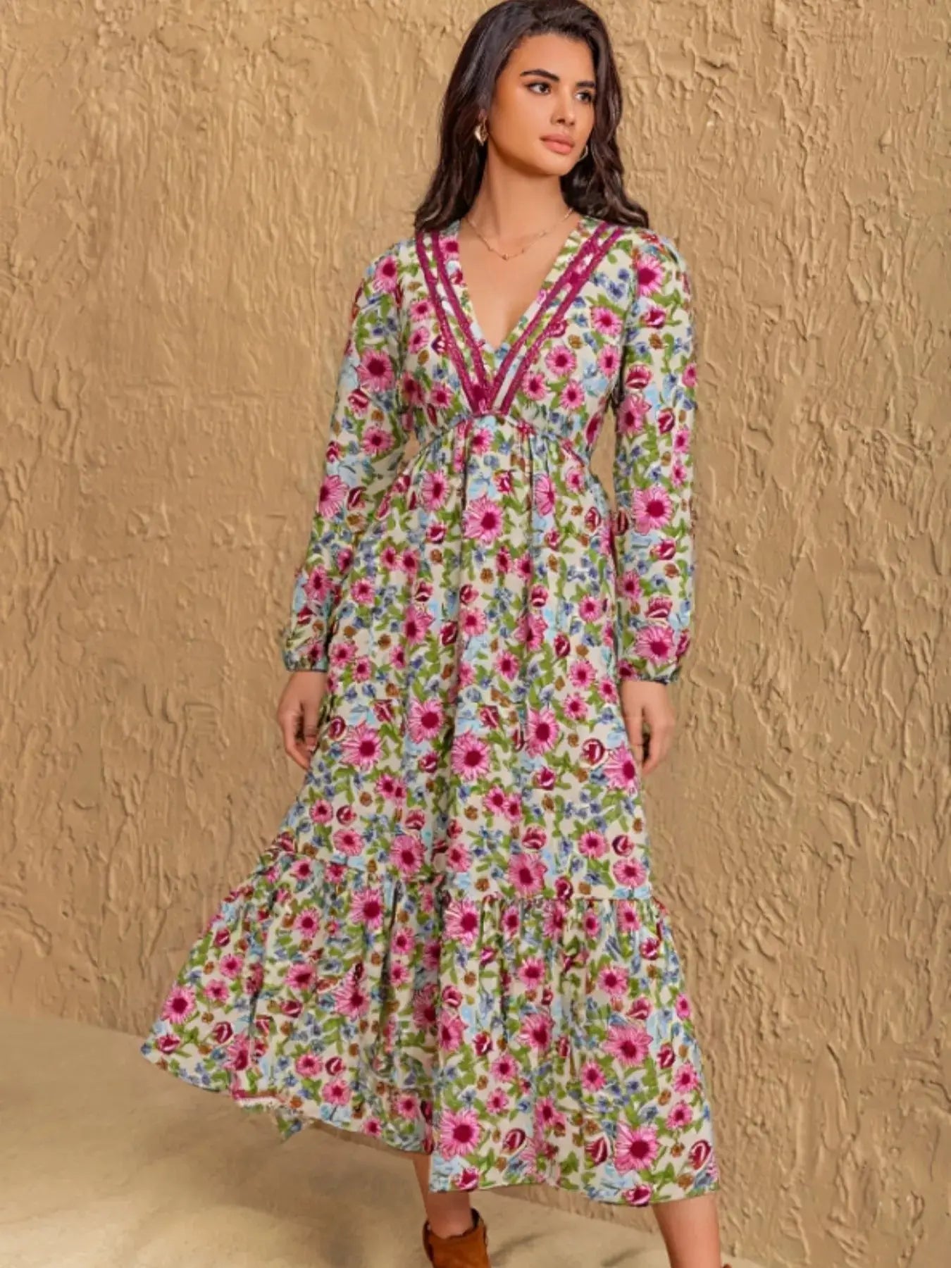 Floral Print V-Neck Bohemian Midi Dress Simply Love