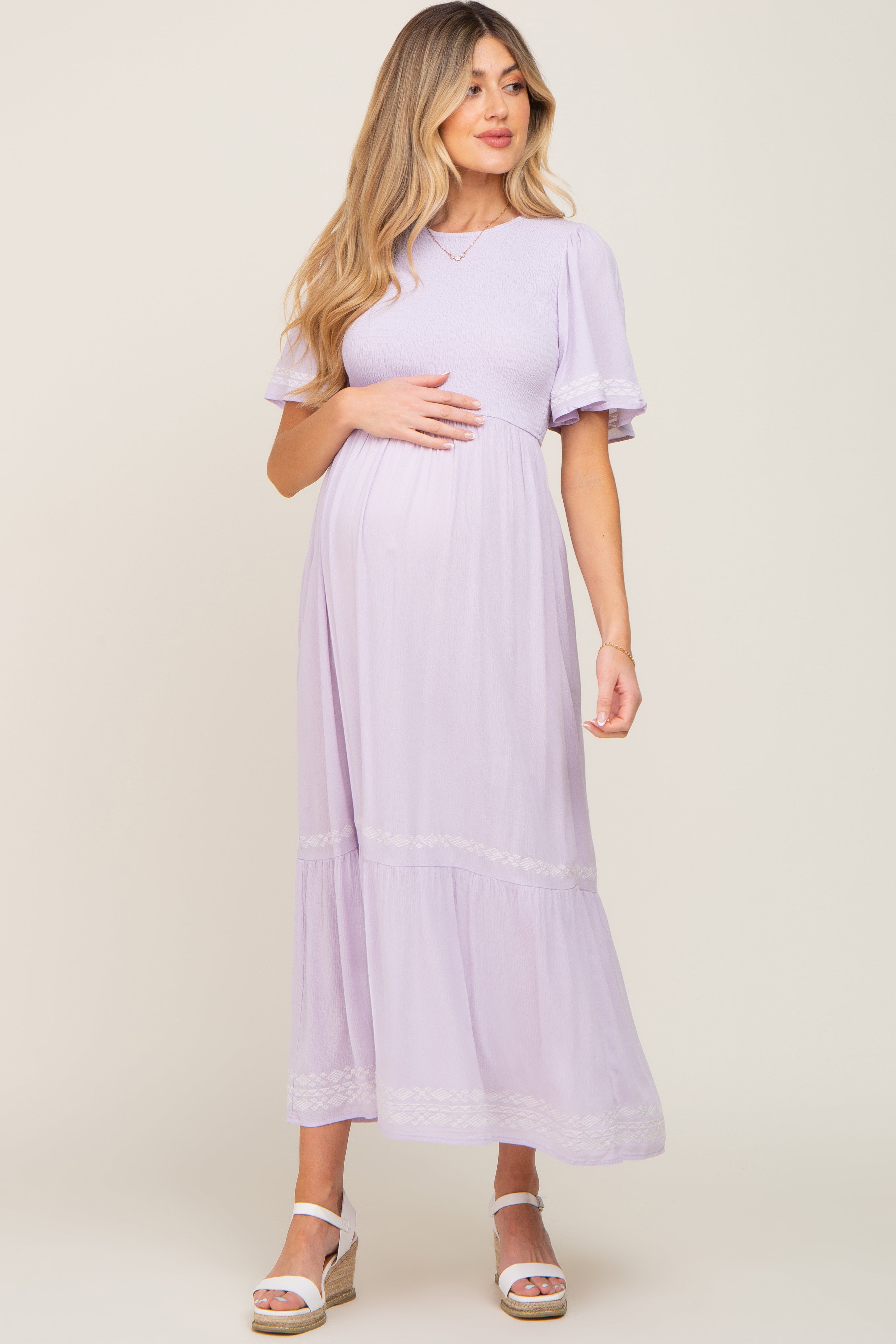 PinkBlush Lavender Embroidered Accent Maternity Maxi Dress - Close Up