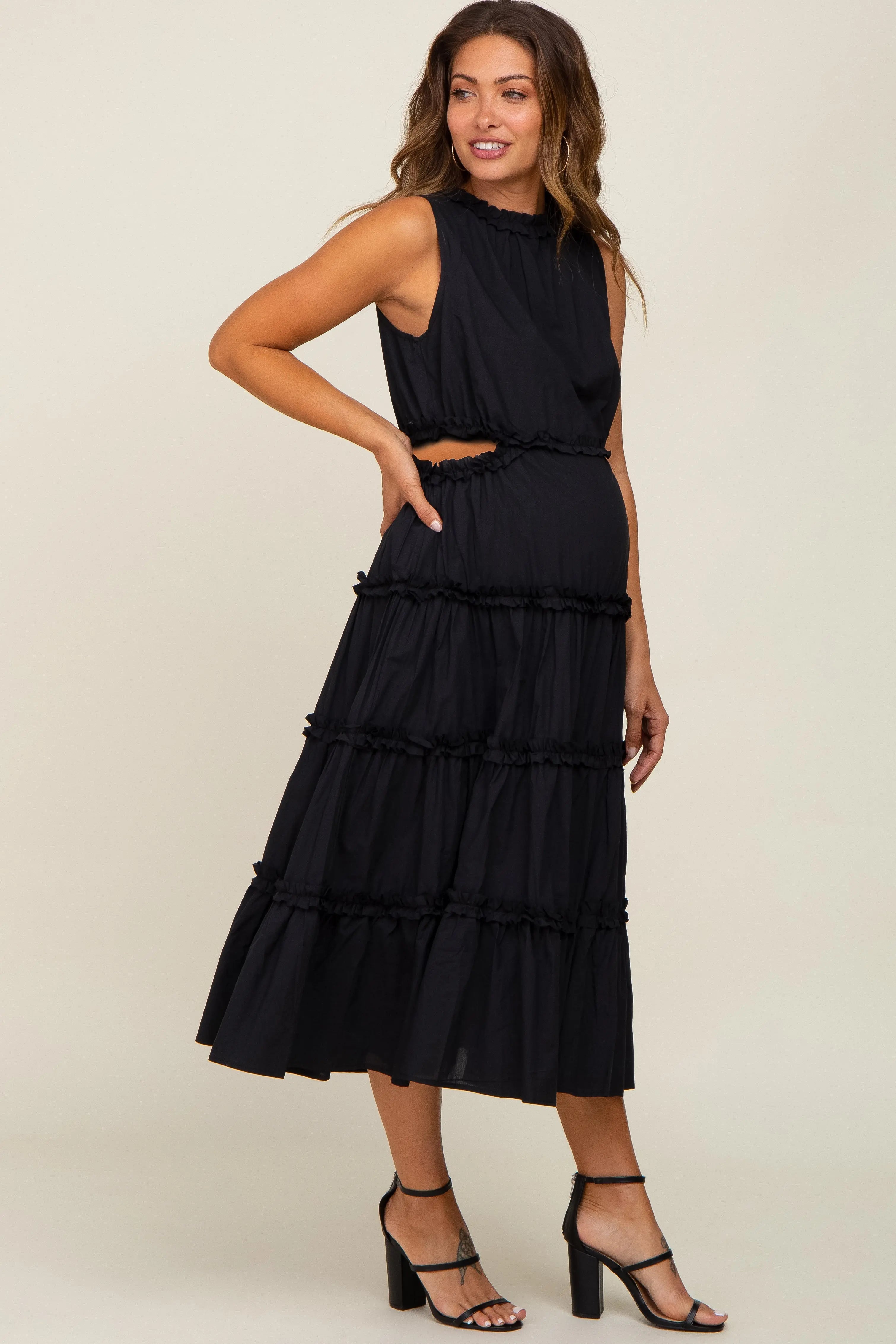 Black Tiered Ruffle Cutout Maternity Midi Dress PinkBlush