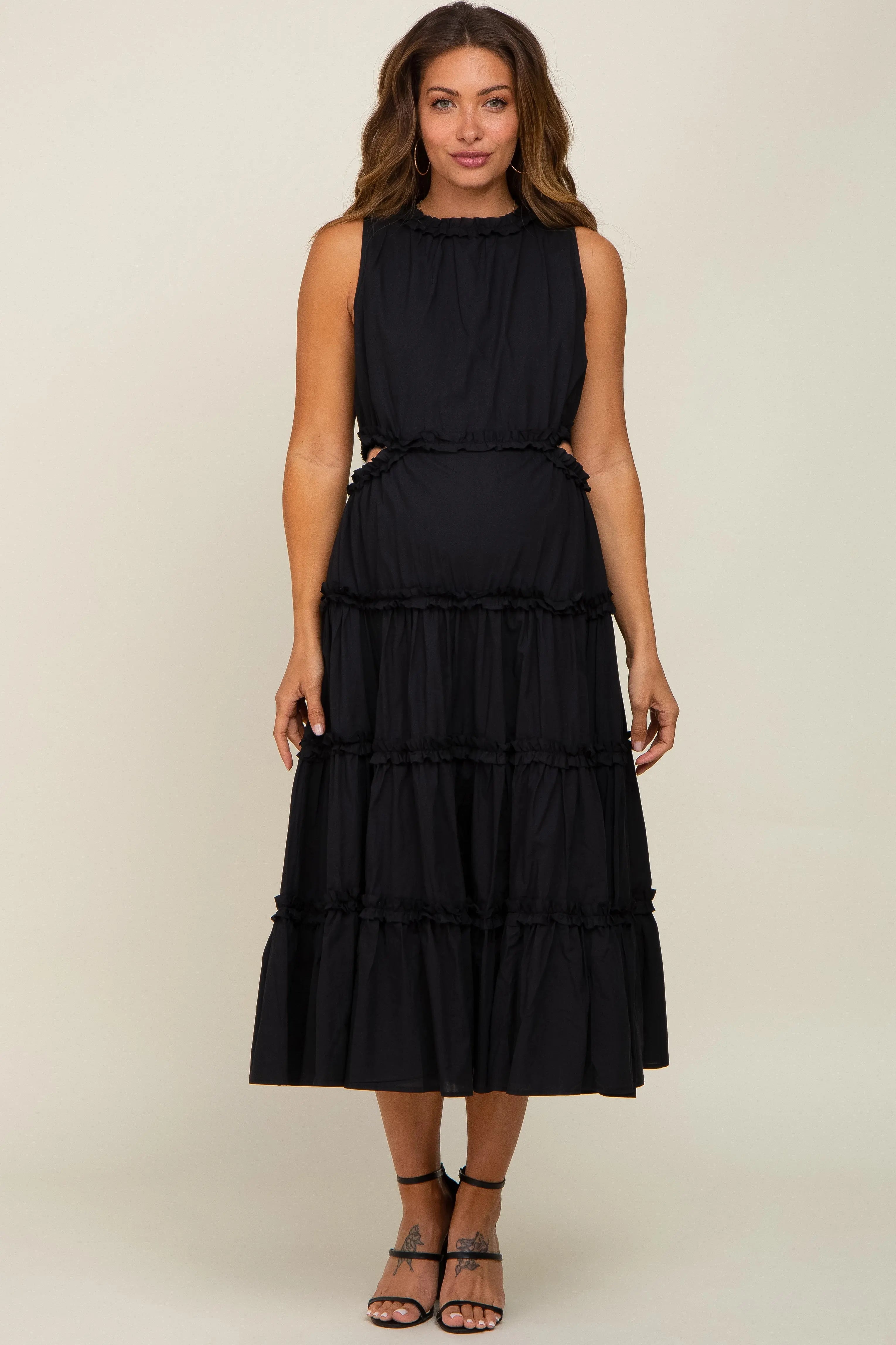 Black Tiered Ruffle Cutout Maternity Midi Dress PinkBlush