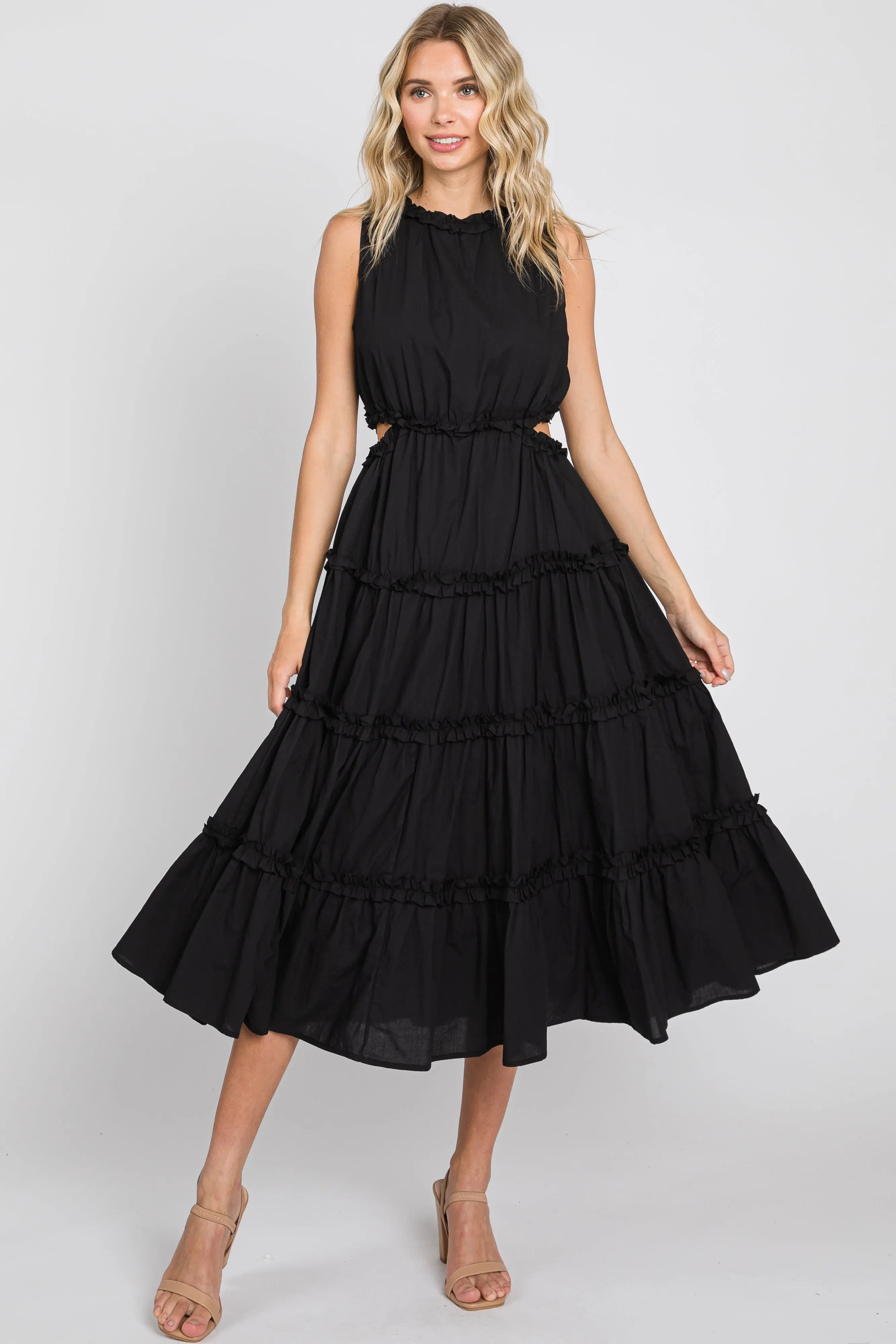 Black Tiered Ruffle Cutout Midi Dress PinkBlush