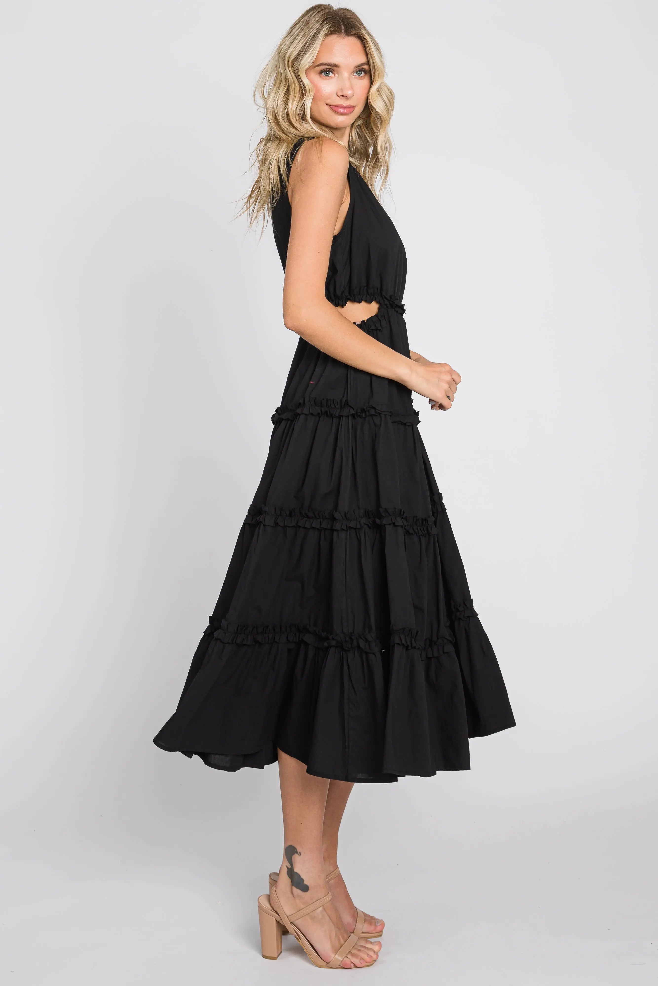 Black Tiered Ruffle Cutout Midi Dress PinkBlush