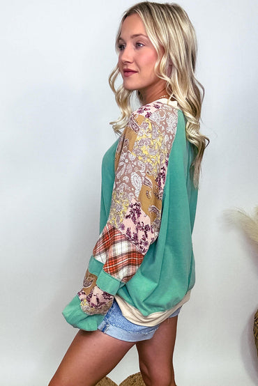 Chic sky blue plus size plaid floral patchwork sweatshirt with raglan sleeves