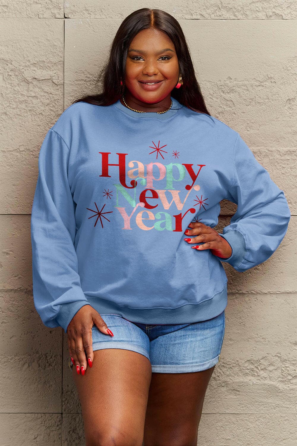 Simply Love Full Size HAPPY NEW YEAR Round Neck Sweatshirt.