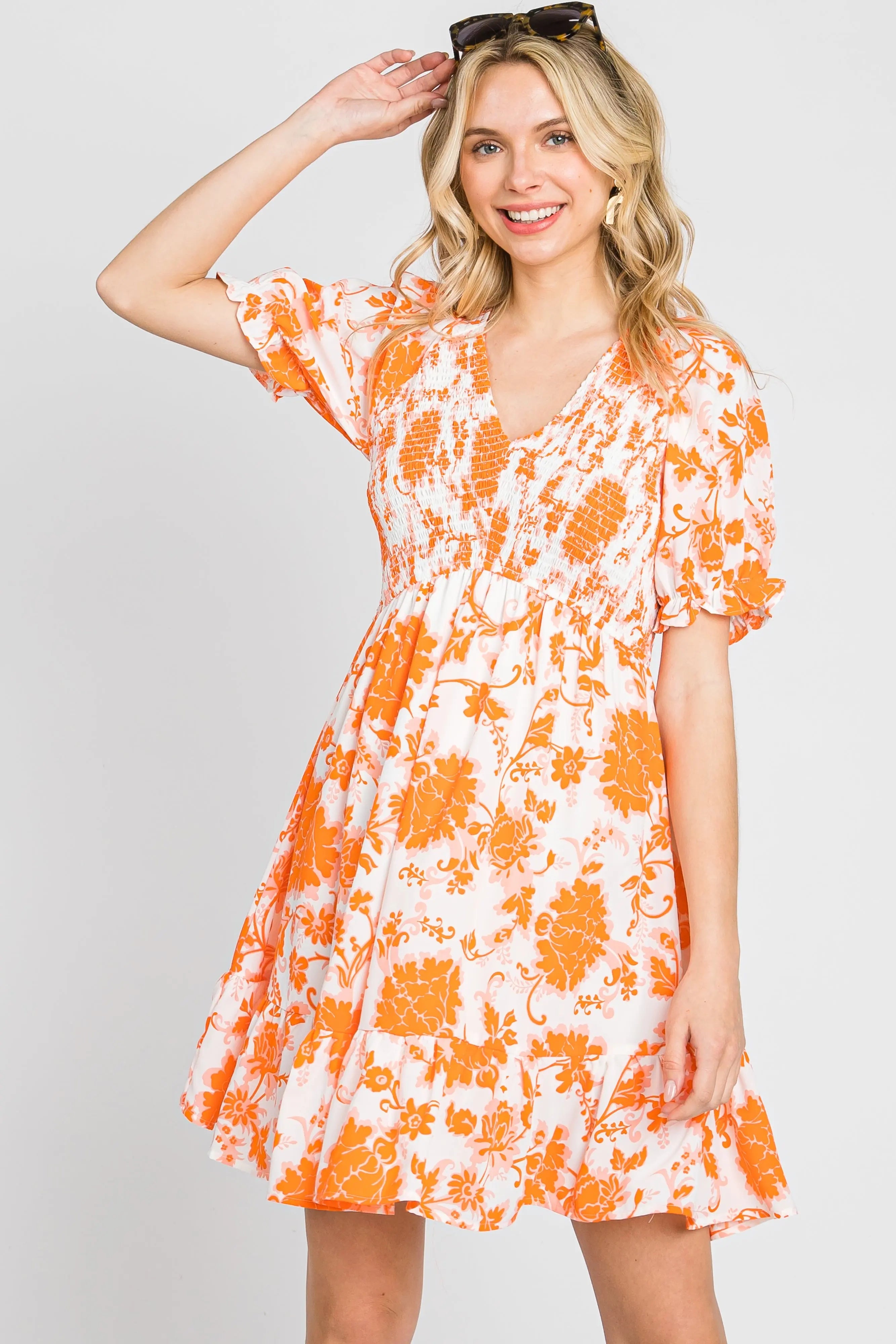 Orange Floral Smocked Puff Sleeve Maternity Dress PinkBlush